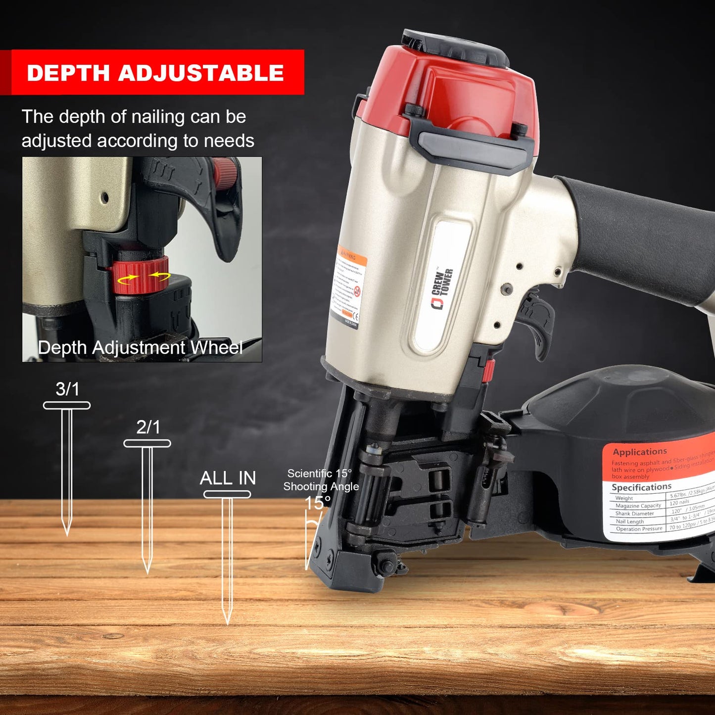 Roofing Nail Gun, 15 Degree 3/4-inch to 1-3/4-inch Pneumatic Roofing Nailer, Heavy Duty Coil Roofing Nailer for Asphalt Fiberglass Shingles Lath Wire Fasterening Wooden Box Assembly