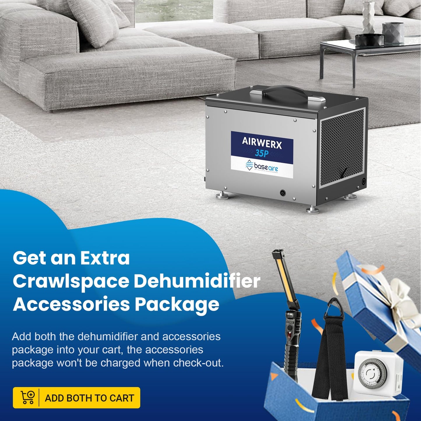 BaseAire Crawlspace Dehumidifier with Pump, Compact Dehumidifiers for Commercial, Basement and Water Damage with Drain Hose, 70 PPD, Auto Defrost, GLGR Technology, Up to 1000 Sq Ft