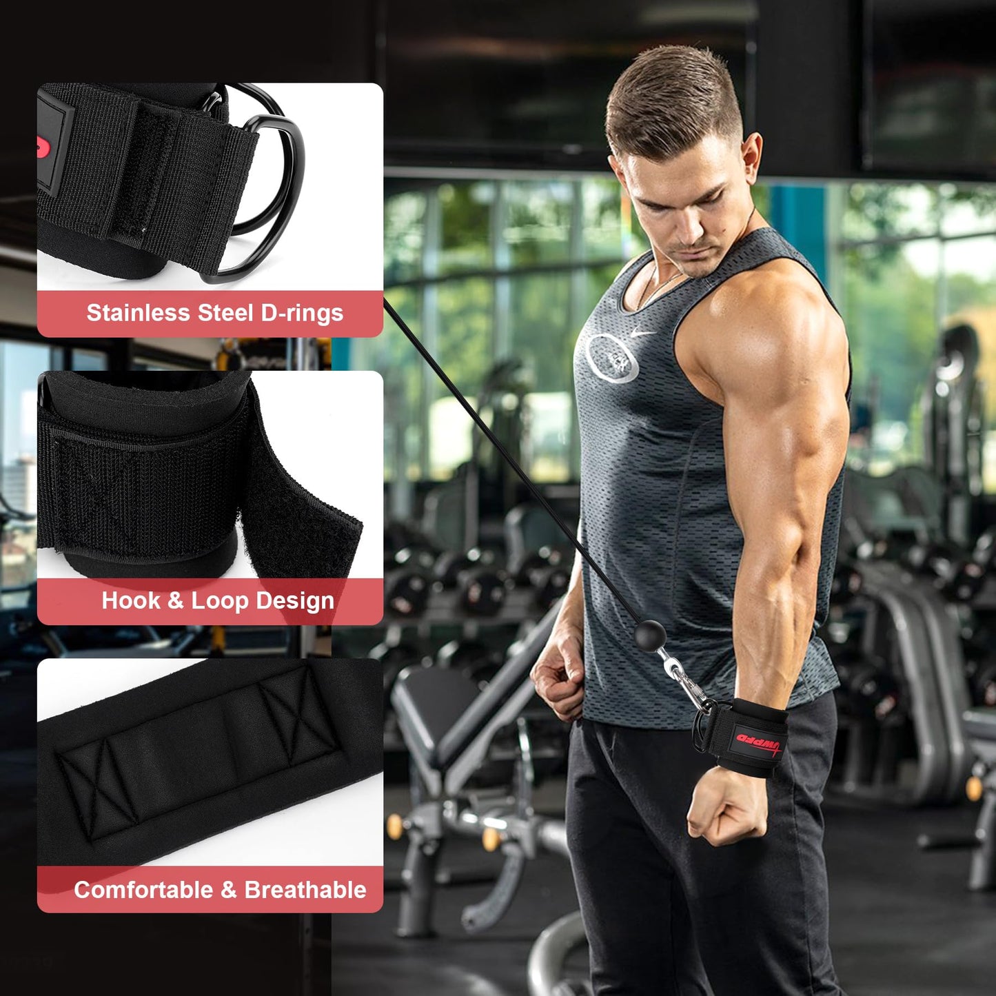 Wrist Straps for Cable Machines Wrist Cuffs for Men Woman Neoprene Padded Straps for Gym Strength Training Equipment (Black, L)