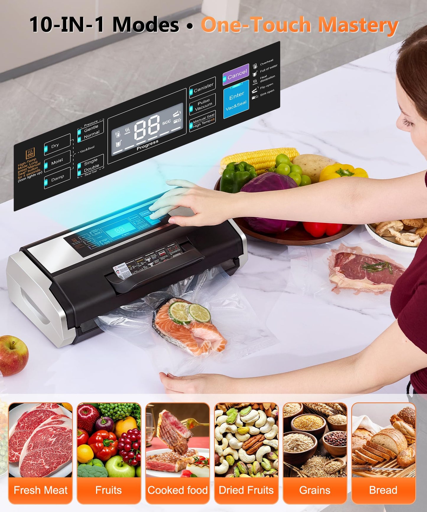 95KPa Vacuum Sealer Machine- Fully Automatic Commercial Food Sealer with 10-in-1 System, Double Heat Seal, Easy-Lock Handle & Built-in Cutter, Includes 1 Roll + 15 Bags (Black Silver)