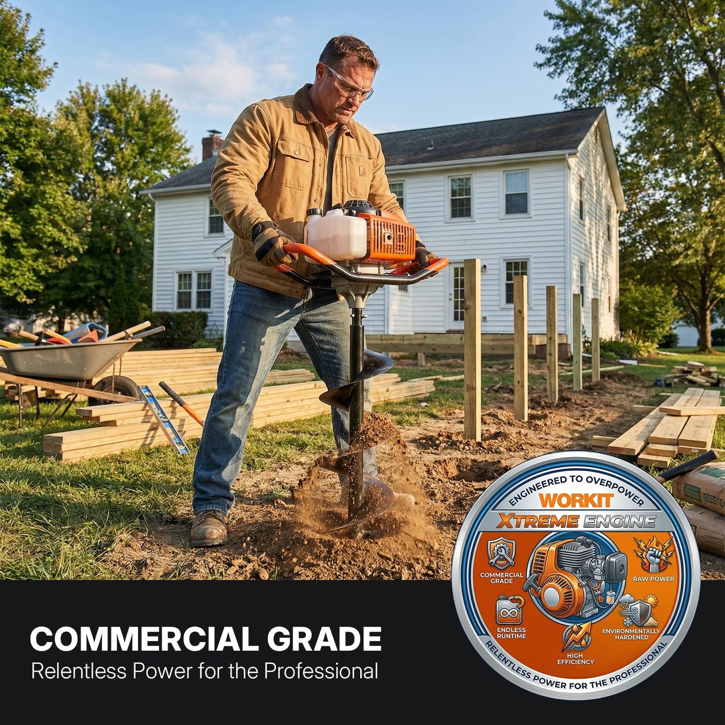 WORKIT 72CC Post Hole Digger, Auger Post Hole Digger Easy Start, 2-Cycle Xtreme Engine, Gas Powered Earth Auger with 4"+6"+12" Auger Drill Bit, 20"+30" Extension Rods, EPA Certification