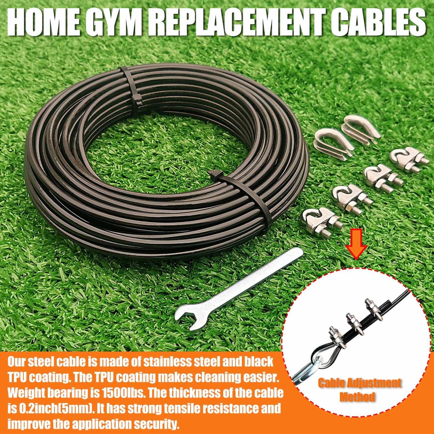 Fitness Pulley Cable, Home Gym Replacement Cables for Cable Machines, 5mm Steel TPU Coated, 65.6/98.4 Ft Wire Rope for Pulley System Gym (98.4 Feet)