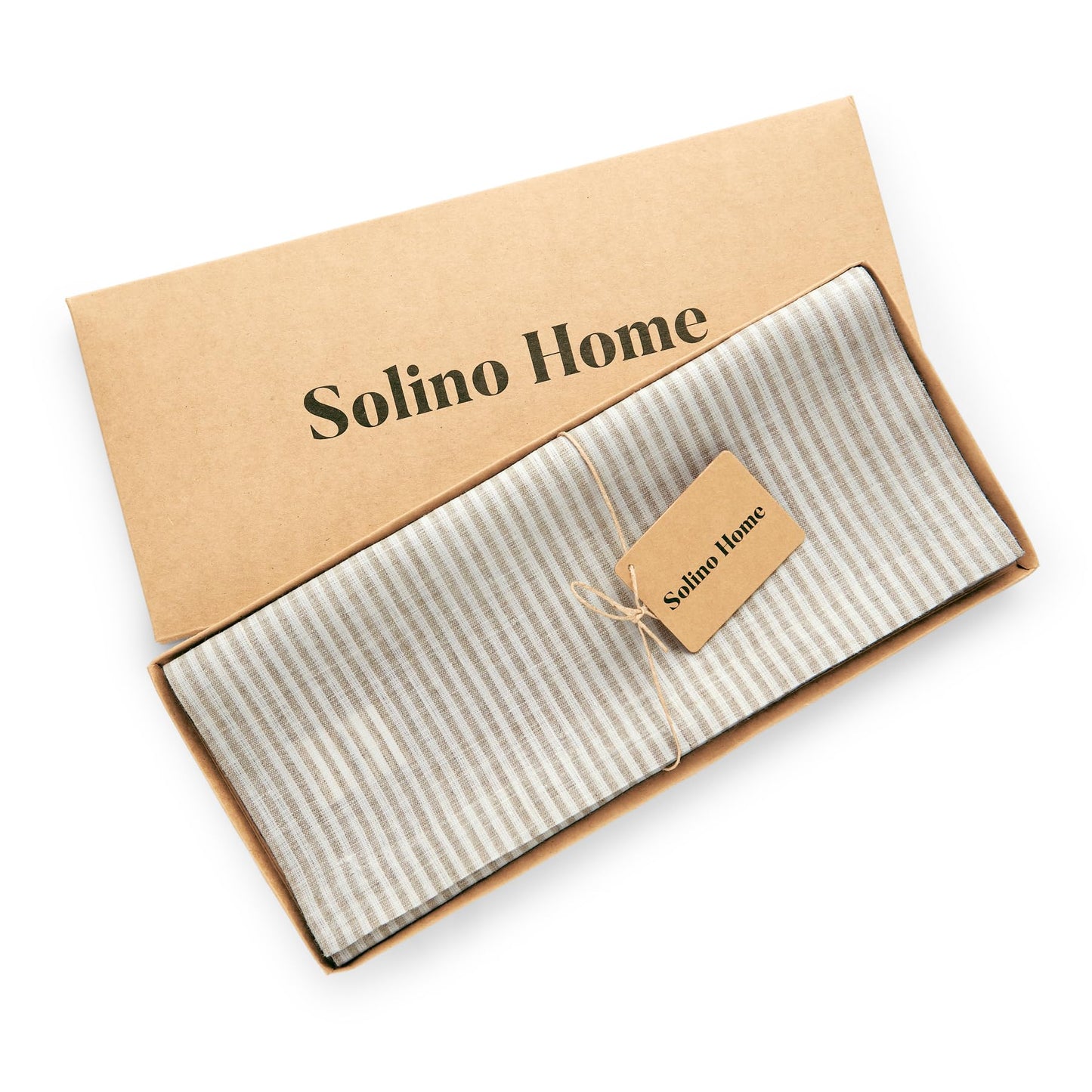 Solino Home Linen Table Runner 108 Inches Long - Narrow Stripe, 100% Pure Linen Natural and White Table Runner 14 x 108 Inch for Dining, Spring, Summer, Mothers Day