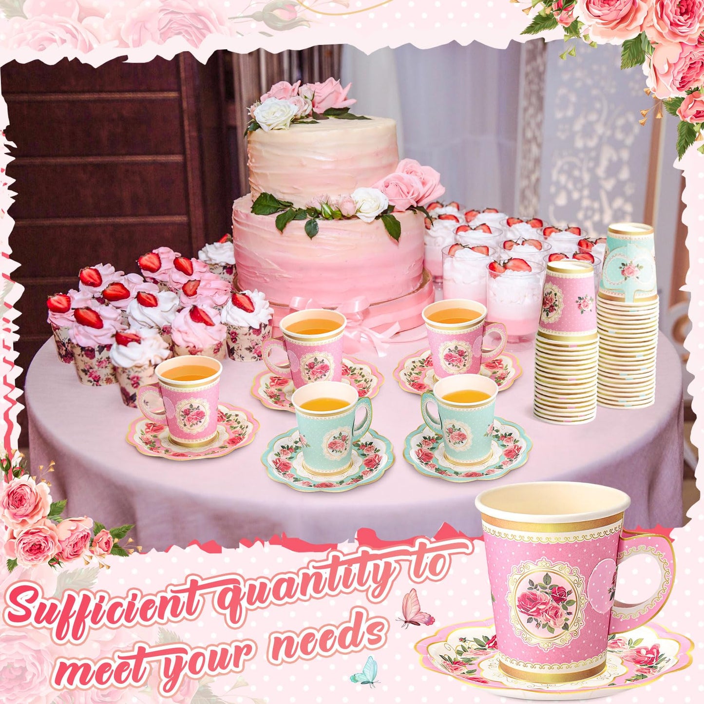 Tioncy 100 Pcs Tea Party Decorations Include 50 Pieces 9 oz Paper Tea Cups with Handle and 50 Plates Disposable Teacups and Saucers Sets for Birthday(Pink and Blue Floral)