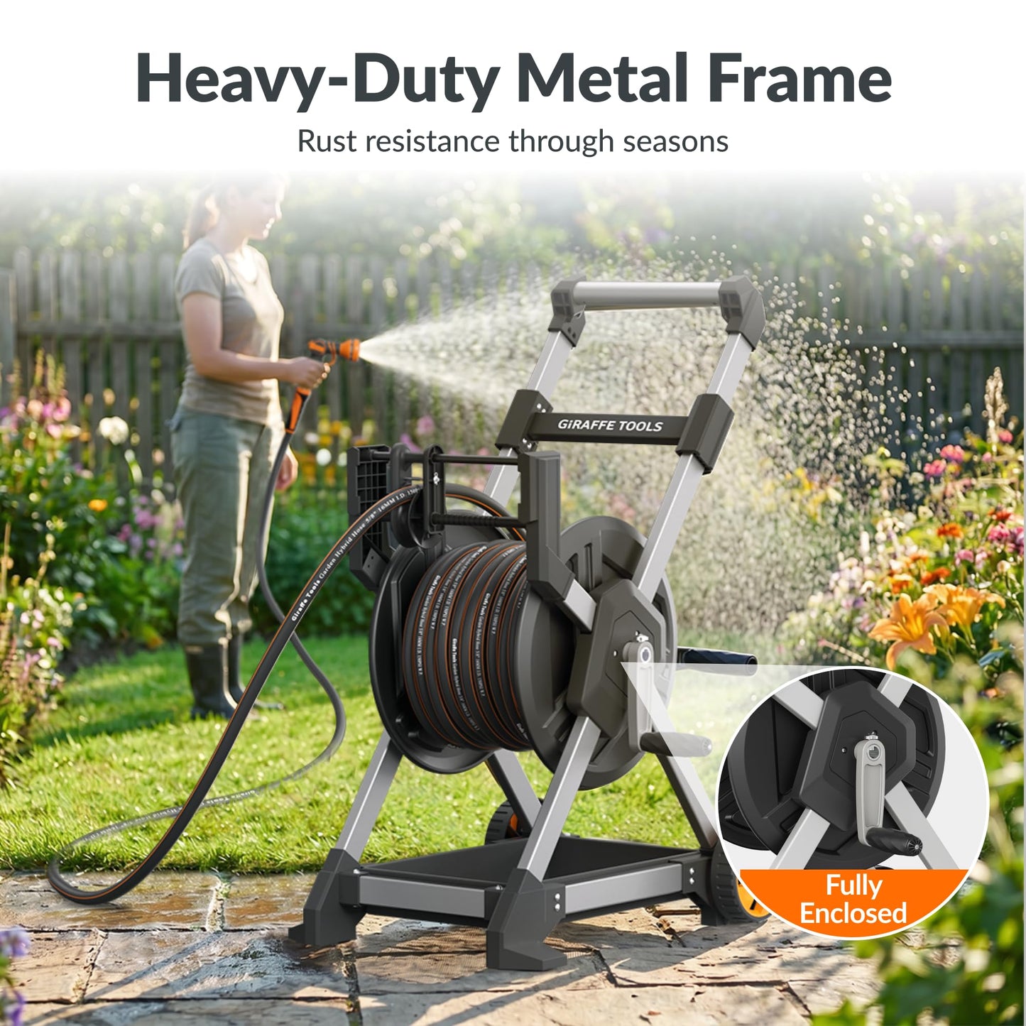 Giraffe Tools Garden Hose Reel Cart, 125FT 5/8" Hose Capacity with Wheels, Heavy Duty Water Hose Reel for Outside, 5ft Leader Hose, Hose Guide Pre-Installed, for Yard Lawn Garage