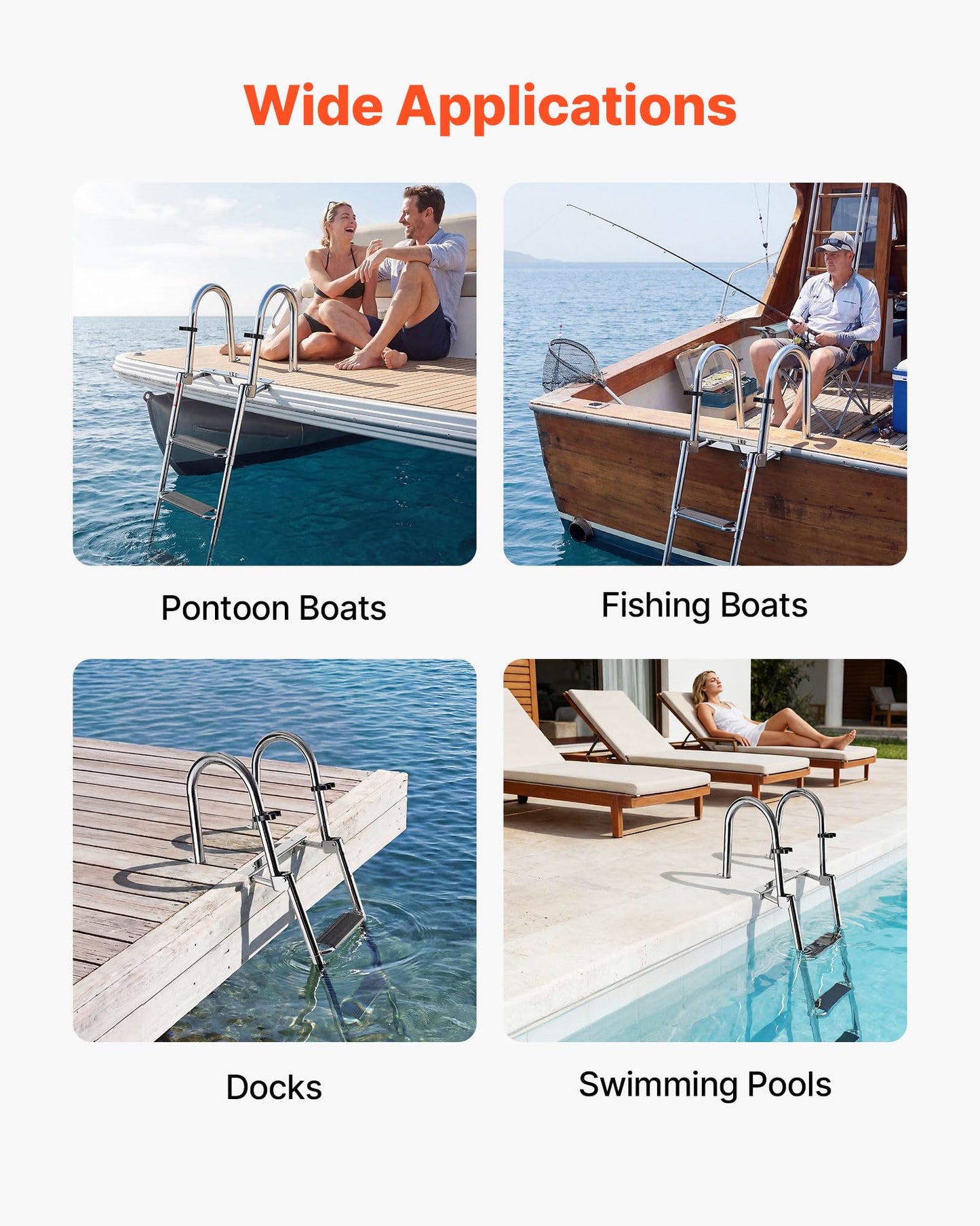VEVOR Boat Ladder, 4 Steps Stainless Steel Telescoping Folding Swim Deck Ladder for Rear Entry Inboard, 600lbs Capacity with 4.1'' Extra Wide Steps & Handrails, for Outboards, Yacht, Pontoon Boat