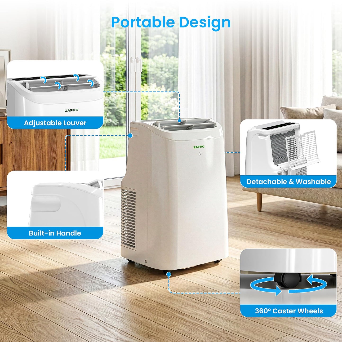 ZAFRO Smart Portable Air Conditioners, 10000 BTU (6000 BTU SACC), Portable AC Unit with Drainage-free Cooling, Fan & Dehumidifier with APP/Remote, Window Kit, 47dB Quiet for Living Room, Bedroom
