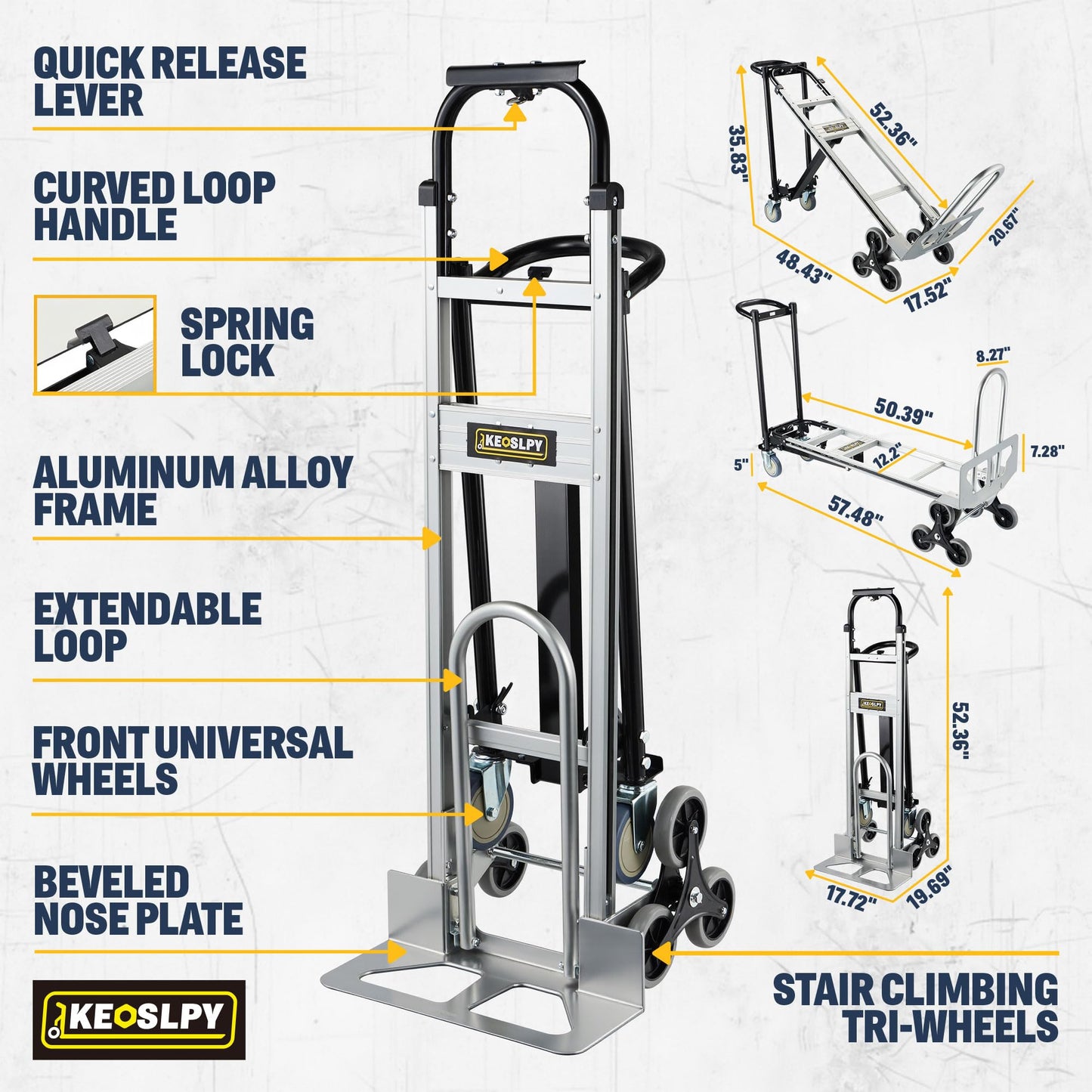 Osluken 3 in 1 Heavy Duty Convertible Hand Truck Dolly, 1000LB Capacity Stair Climbing Aluminum Collapsible Utility Cart with Wheels, 3 Positions for Moving & Transport