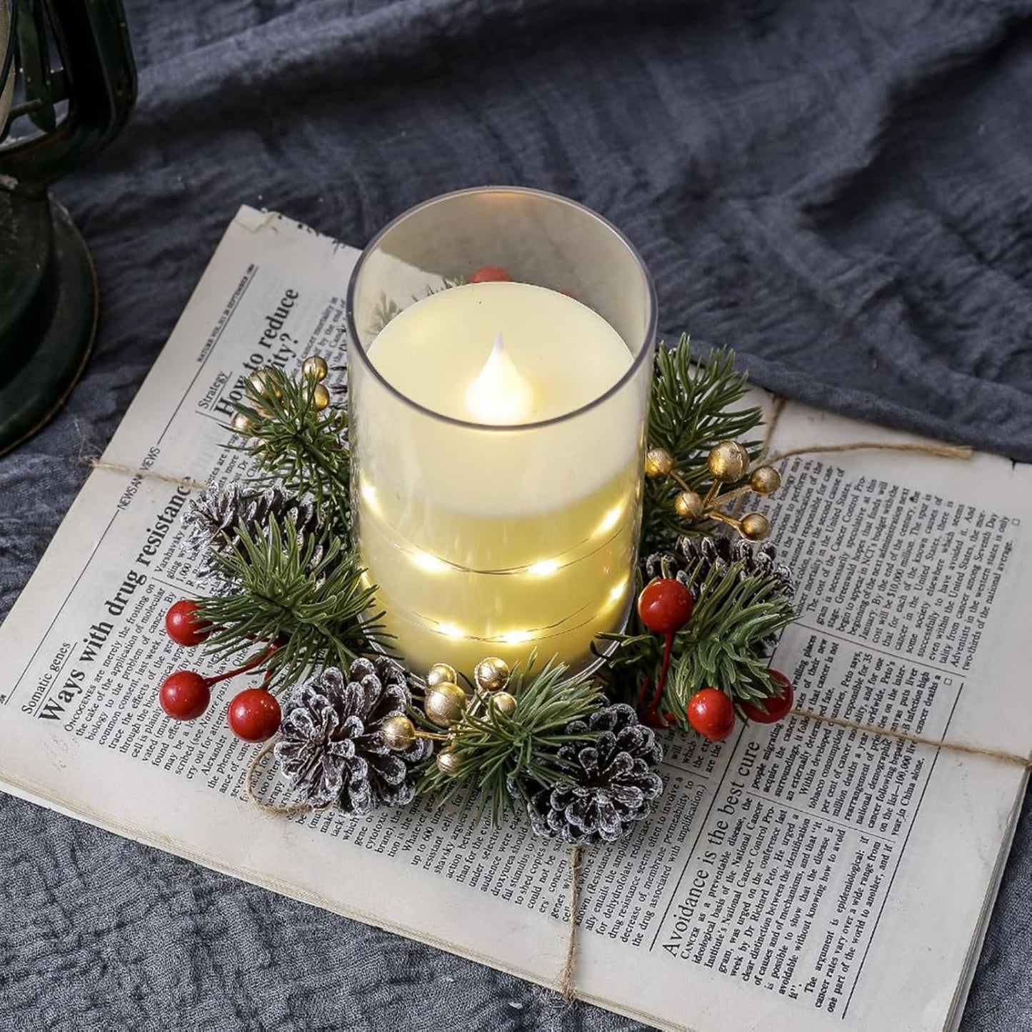 Skiennix Christmas Candle Rings - Elegant Gold & Red Floral Wreaths with Pinecones | Set of 2
