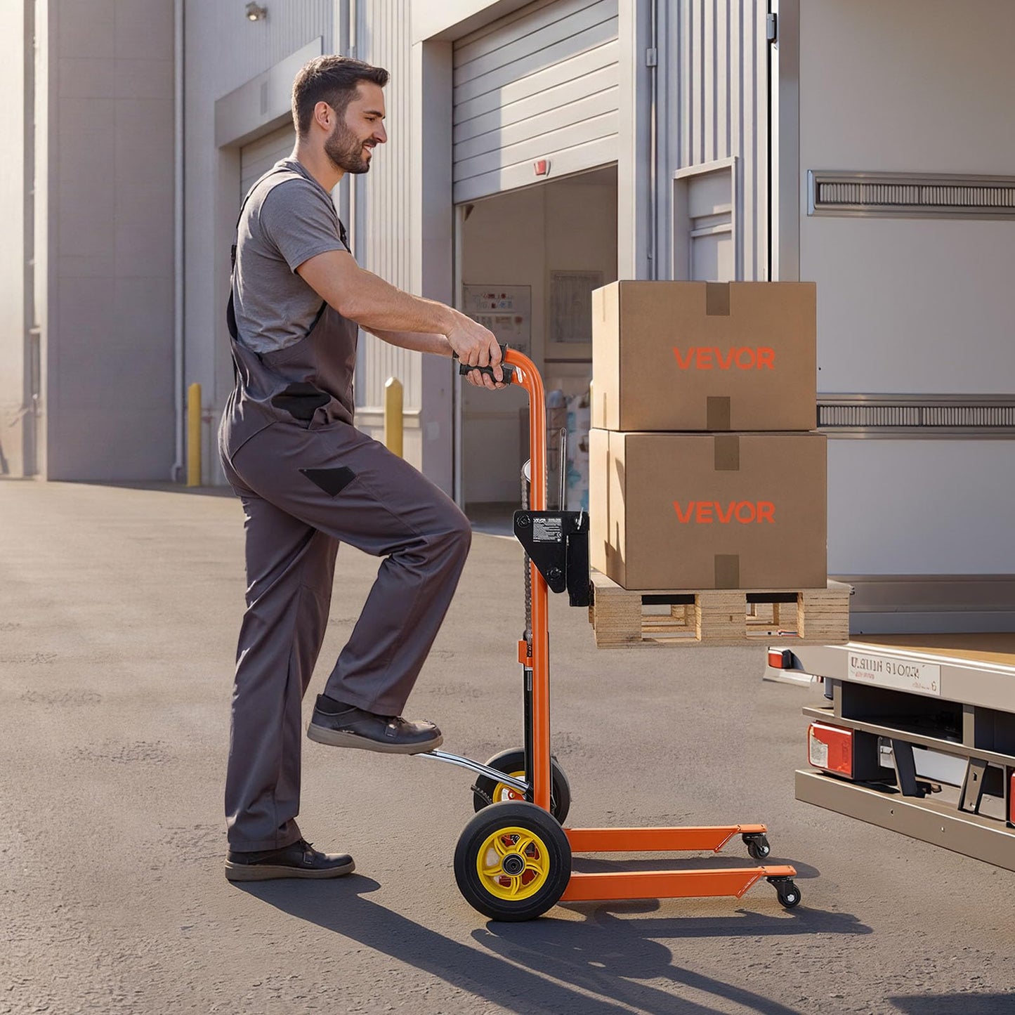 VEVOR Hydraulic Material Lift Winch Stacker, 450 lbs Load Capacity, 35.4'' Max Lifting Height, Pallet Truck Dolly with Fork Lift Table, Foldable & Portable Pallet Jack Table Cart, Orange & Black