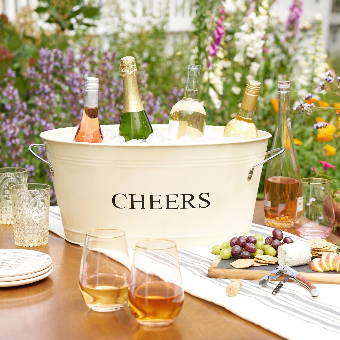 Twine Cheers Beverage Tub, Galvanized Tubs for Entertaining, Drink Buckets for Parties, Large Ice Tub and Gift Basket, Beer Buckets, Cream, 6.3 Gallons Set of 1