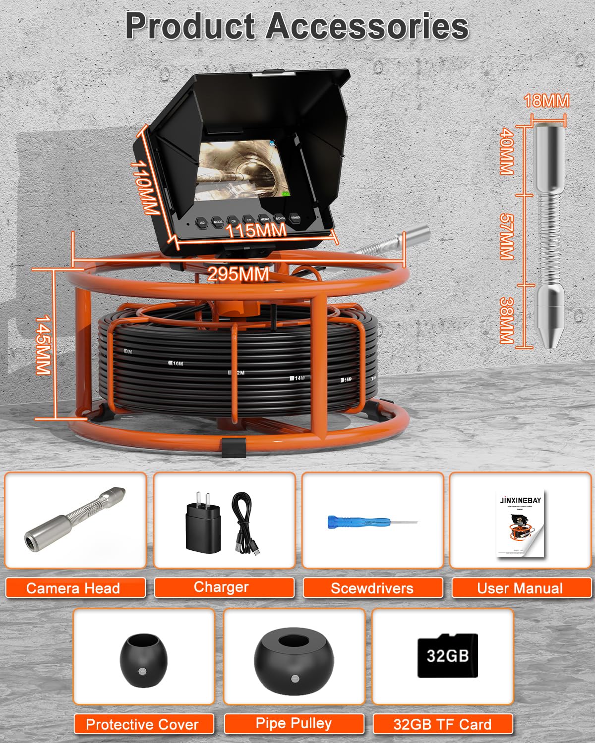 Sewer Camera, IP68 Drain Sewer Pipe Endoscope Camera 4.3" Screen with 32GB DVR,Borescopes Plumbing 8500mah Battery DVR Video Recording for Plumber (Camera 18MM)
