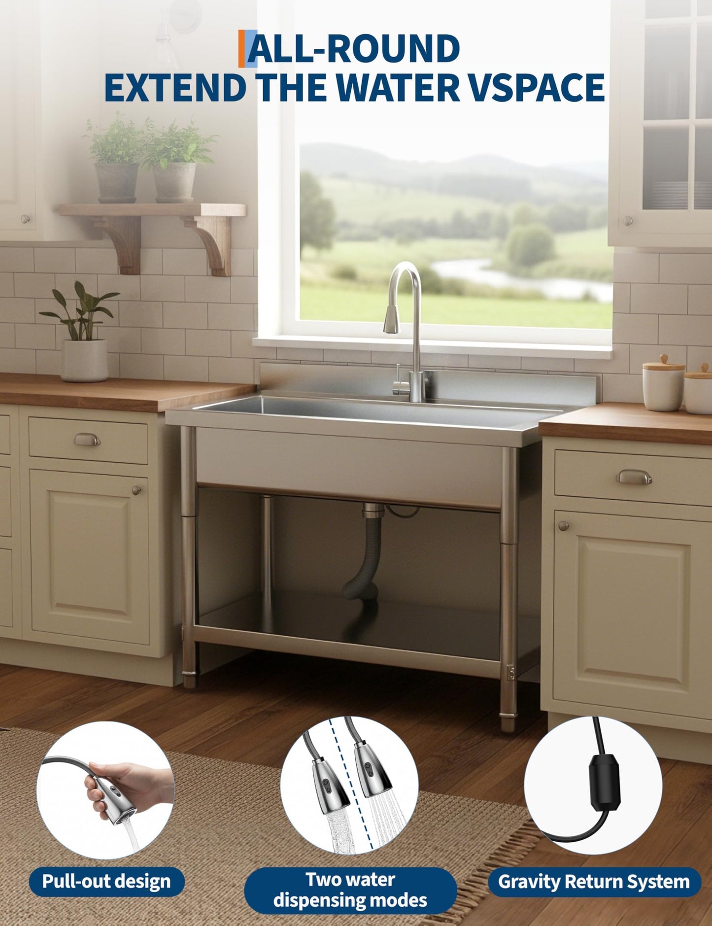 GarveeTech 39.4" Commercial Stainless Steel Utility Sink – Free Standing Single Bowl with Hot/Cold Water Pipe for Kitchen, Laundry Room, Garage, Restaurant | Heavy-Duty Sink Station