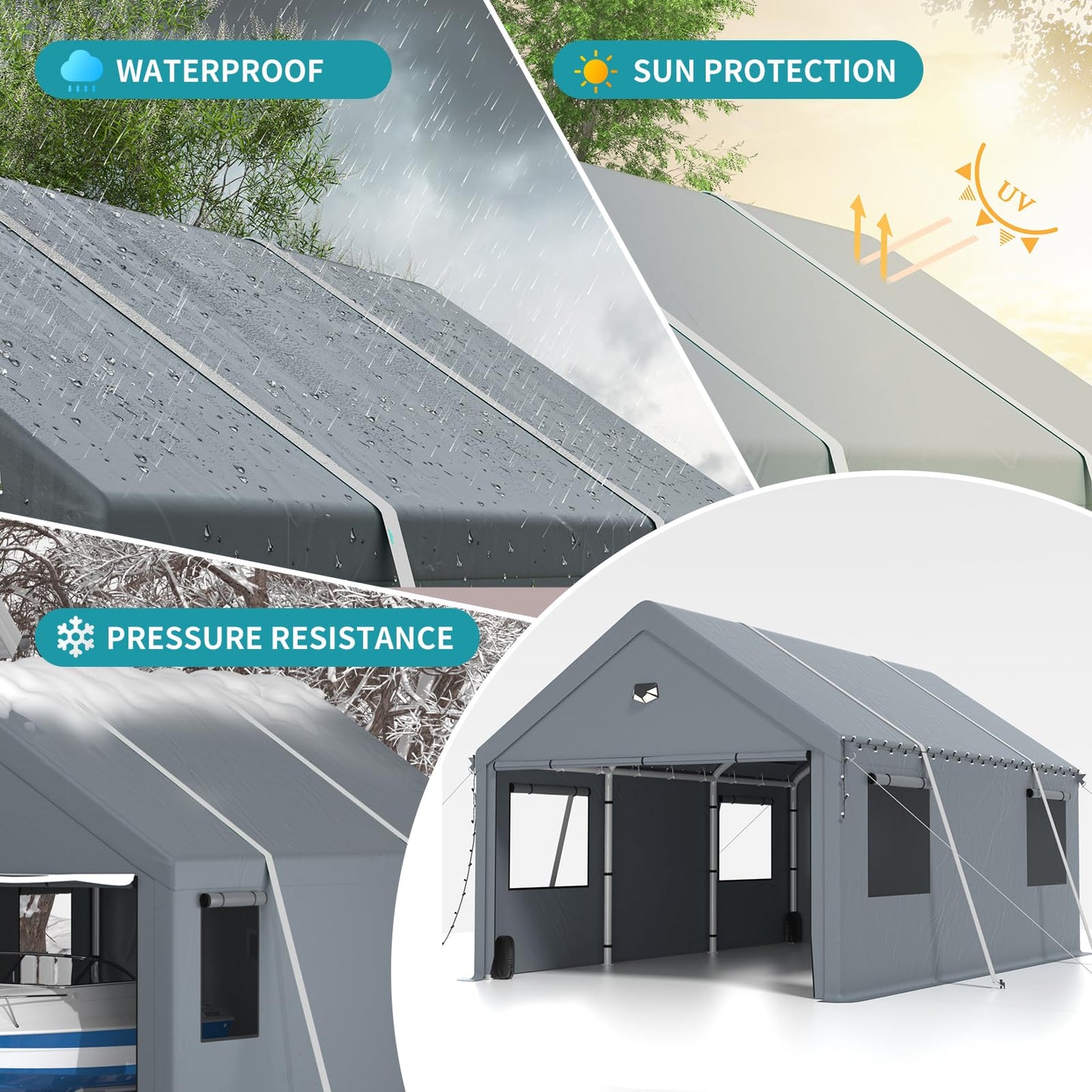10x16FT Heavy Duty Carport Canopy,Extra Large Portable Car Tent Garage with Roll-up Windows and All-Season Tarp Cover,Removable Roof&Side Wall for Car, SUV,Boats&Truck Shelter Logic Storage