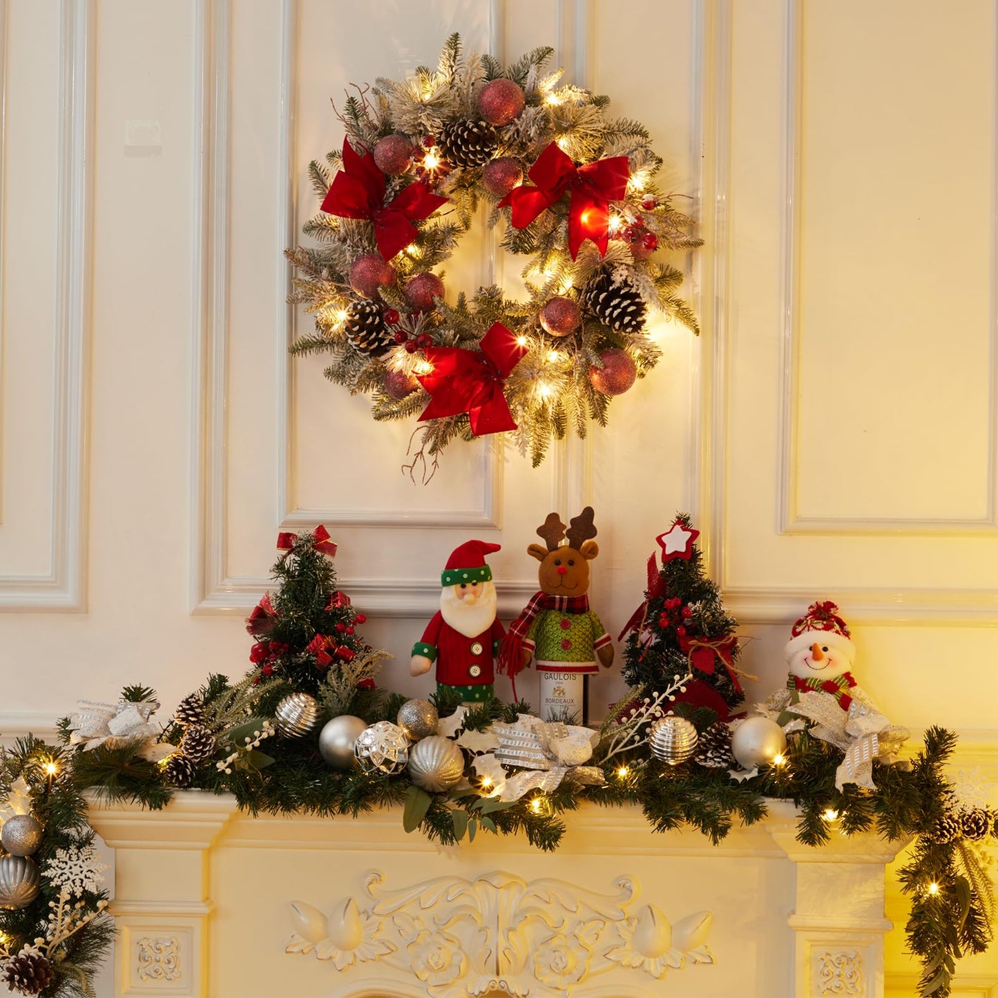 24" Prelit Christmas Wreath with Lights, Battery Operated Xmas Garland with Decorations, Wreath for Front Door Porch Wall Window Fireplace Outdoor Home Holiday Accent