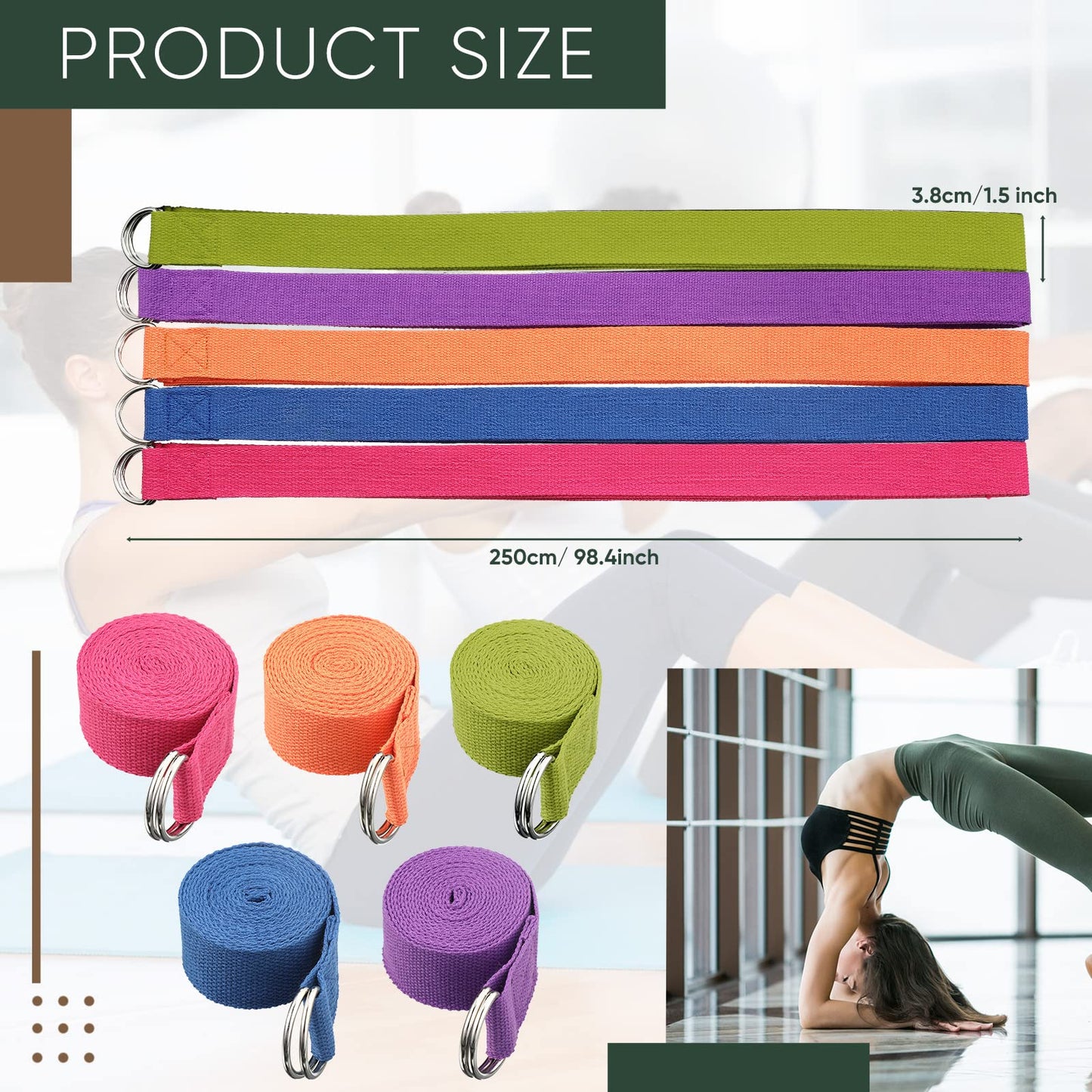 10 Pcs Yoga Strap 8ft Yoga Stretching Exercise Band Stretching Belt with Adjustable Metal D Ring Buckle Loop for Pilates, Dance, Physical Therapy, Gym Workout