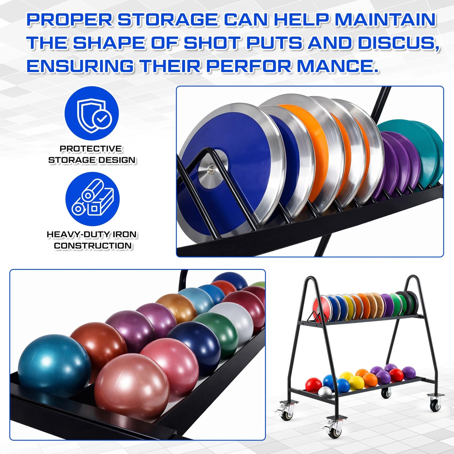 Silipull Mobile Shot Put Discus Storage Rack Cart Heavy Duty Athletic Throwing Equipment Trolley with 4 Wheels, Holds 15 Discus & 20 Shot Put for Gym, School PE and Track & Field Gear Organizer