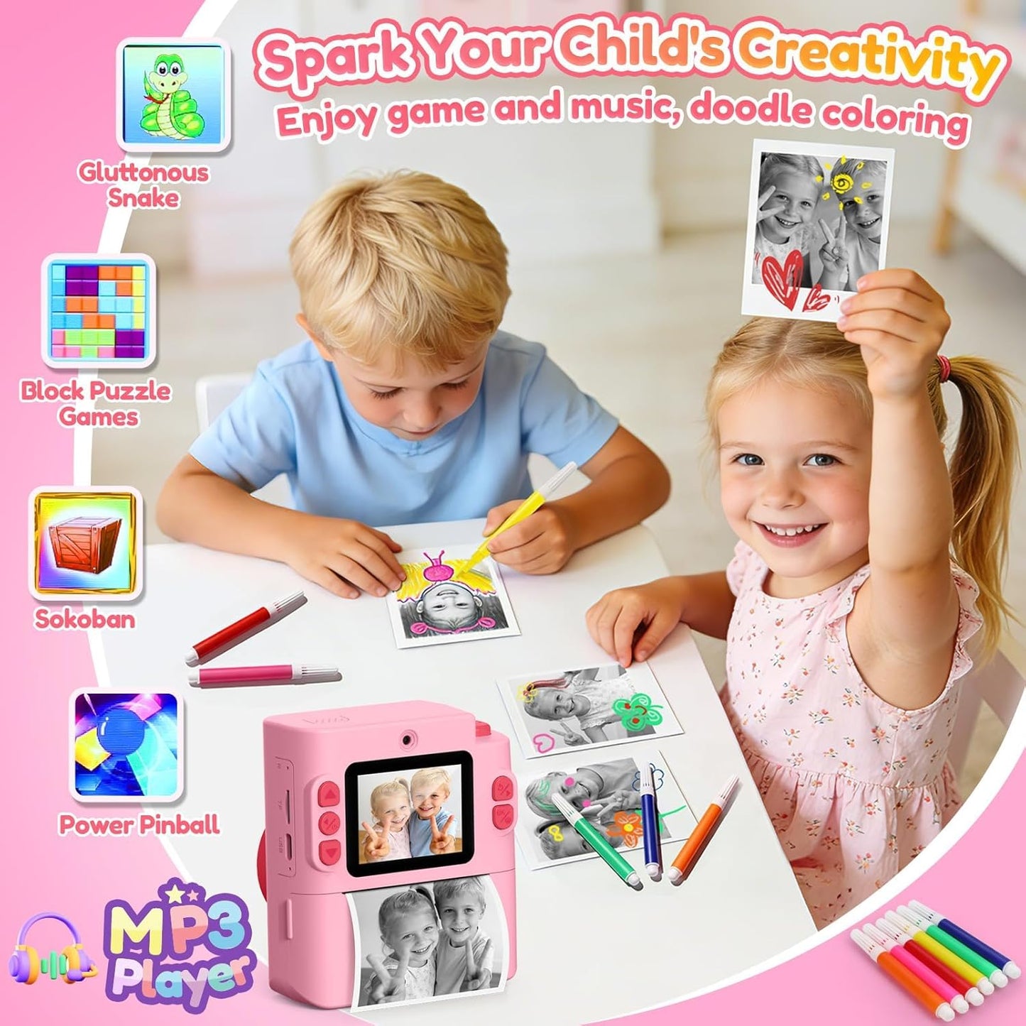 Yunaking 3-12 3 4 5 6 7 8 9 10 32G Gift for Girls Kids Camera: Instant Print Dual Lens Digital Camera Toys for Girl