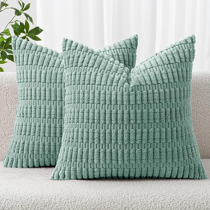 MIULEE Pack of 2 Corduroy Decorative Throw Pillow Covers 16x16 Inch Soft Boho Striped Pillow Covers Modern Farmhouse Home Decor for Summer Sofa Living Room Couch Bed Teal Green