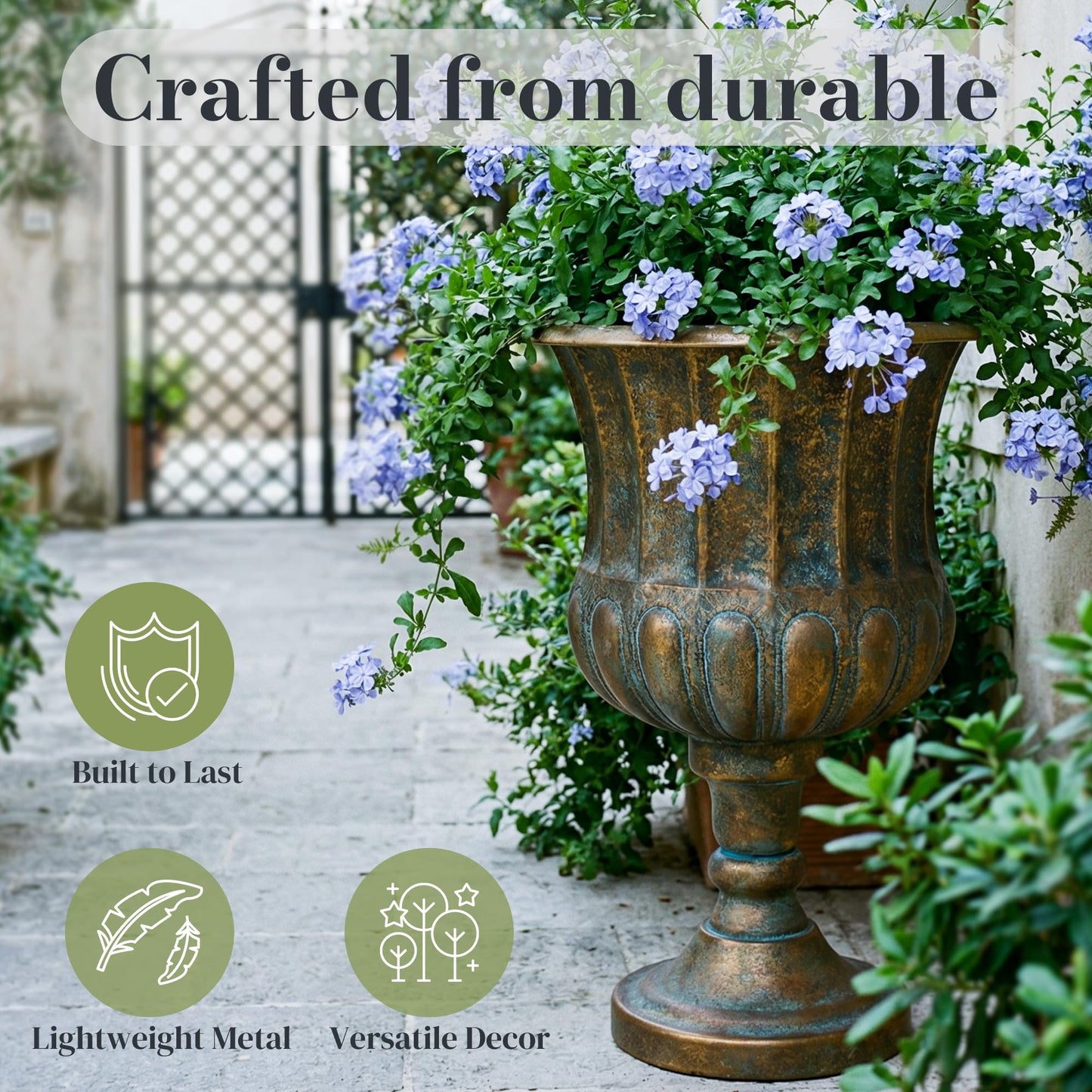 Worth Garden 24.5" H. Metal Urn Planters 1-Pack - Bronze Classic Antique Iron Plant Pots - Large Decorative Rustic Flower Pots for Outdoor Use - Traditional Urn Planter for Patio, Front Porch