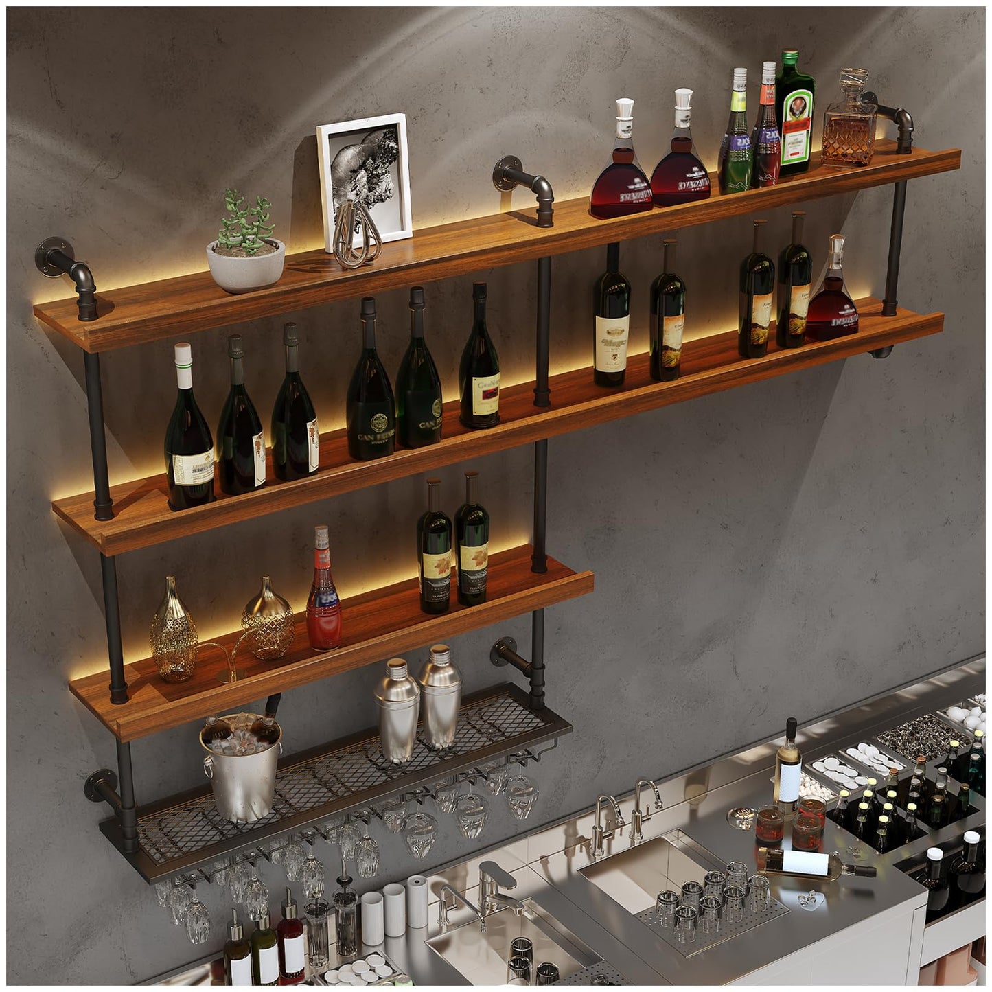 Solid Wood Wall Mounted Wine Rack, Large Wine Rack with LED Light, 4 Tiers Liquor Bottles Floating Shelves with Glass Holder, Industrial Bar Shelves for Home Bar Dining Room(78.7 in/ 200CM)