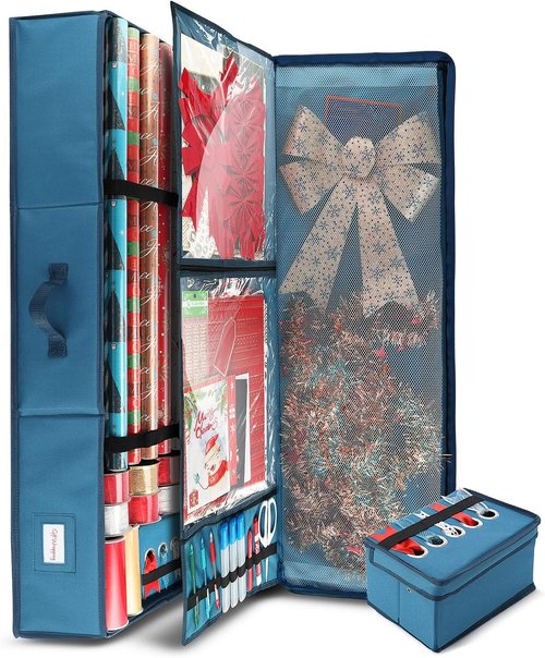 Hearth & Harbor Wrapping Paper Storage Container - Christmas Gift Wrap Organizer with Ribbon Dispenser | Holds 26 Rolls, Blue