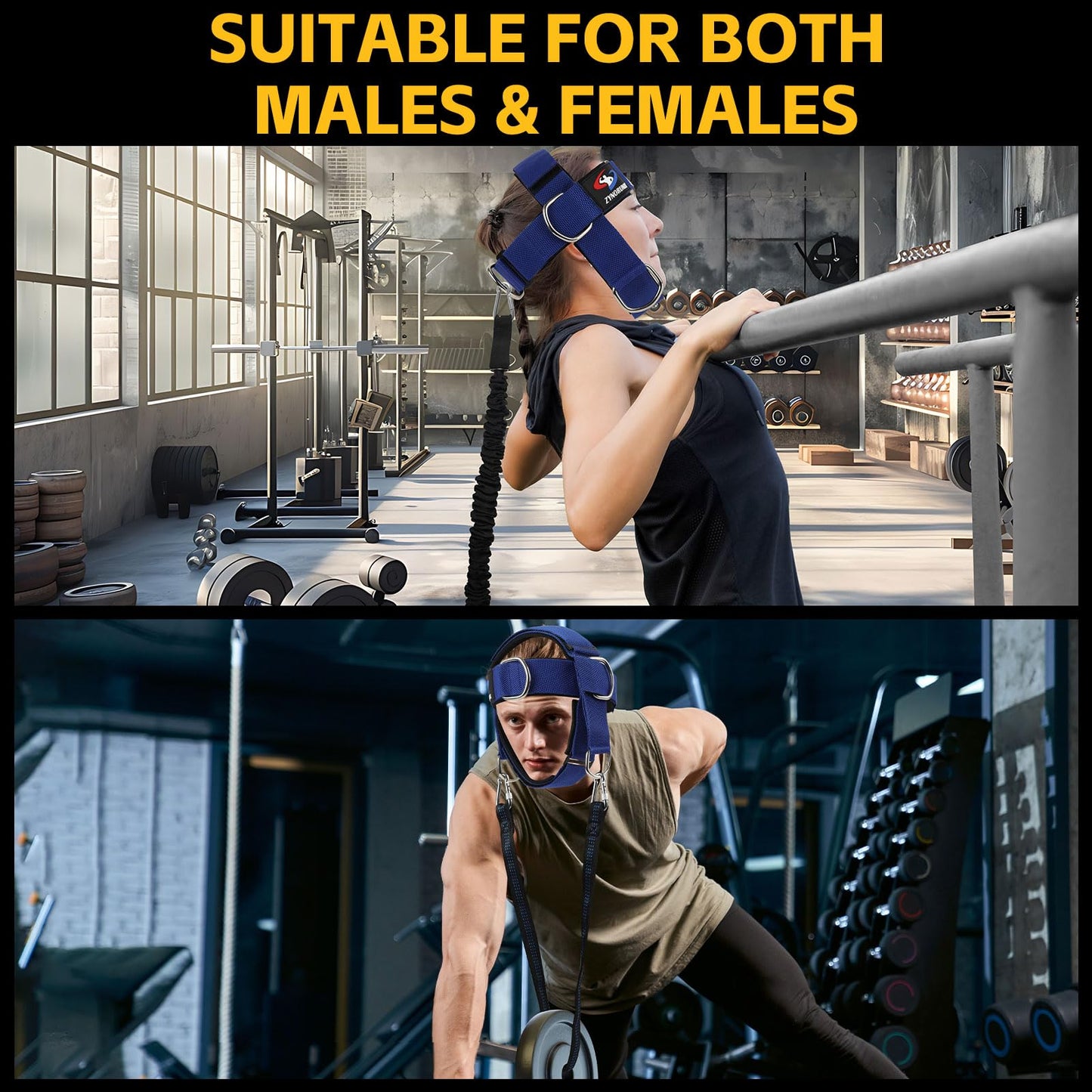 Fitness Neck Head Harness Trainer, Adjustable Chin Strap and Head Harness Strength with Nylon Tether, Neoprene Neck Workout Exerciser for Weight Lifting, Home and Gym Use, Blue
