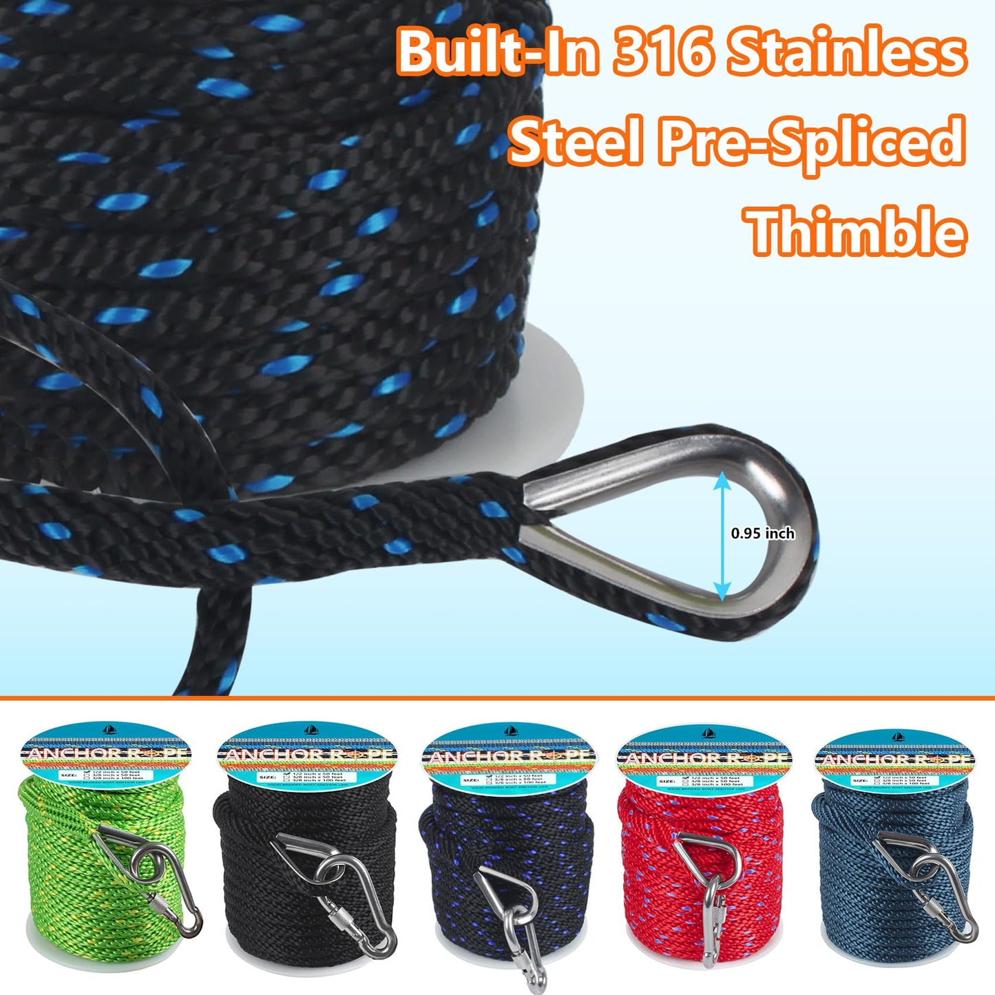 1/2 Inch 50 FT Anchor Rope, Boat Anchor Rope Solid Braid MFP, Anchor Line with 316 Stainless Steel Thimble and Snap Hook - Black & Lake Blue