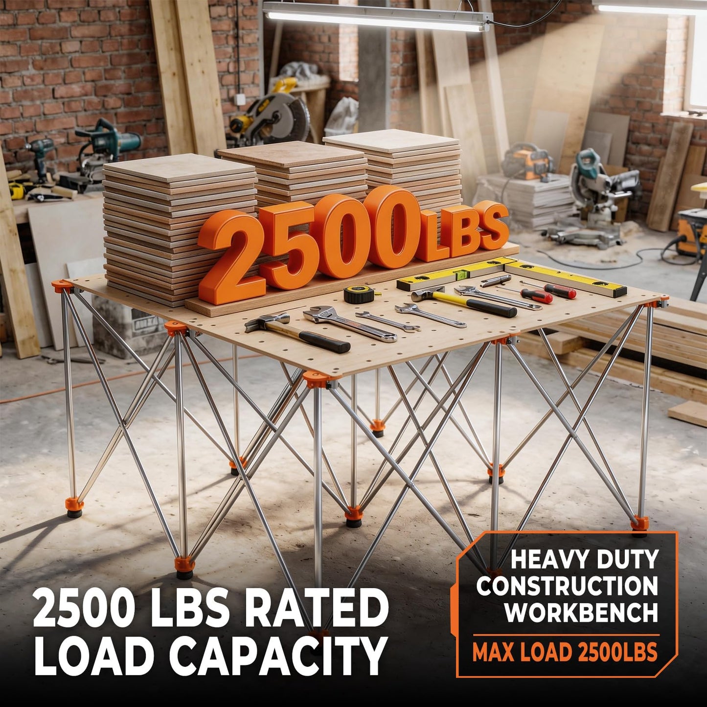 Joinerjetly 30" Tall Portable Folding Workbench 4x4 FT, Stable 9-Leg Collapsible Work Stand with Adjustable Leveling Feet, Lightweight 3500 lbs Capacity Sawhorse Table for Woodworking & Jobsite