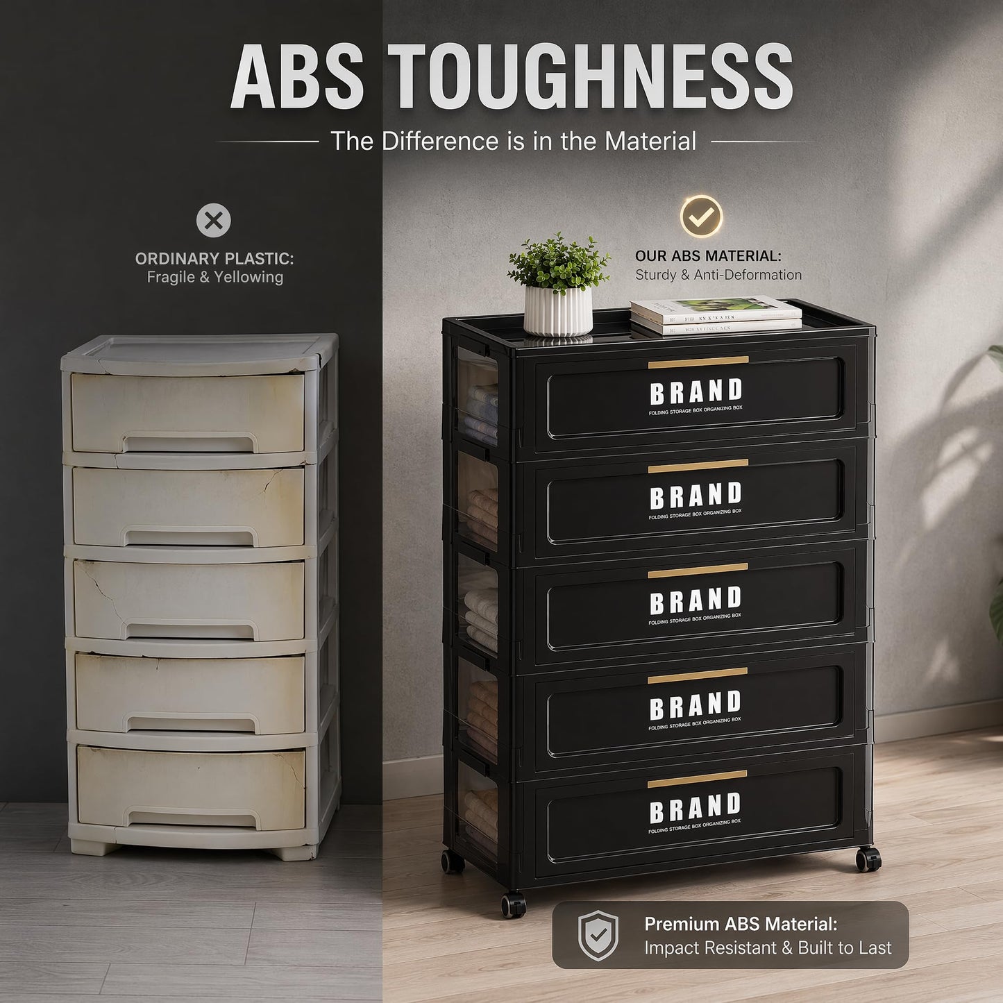 Foldable Storage Cabinet with Doors and Lockable Wheels, 5-Tier Large Capacity ABS Organizer, No-Tool Assembly Storage Cabinet for Small Apartment, Kitchen, Pantry, Laundry, Garage