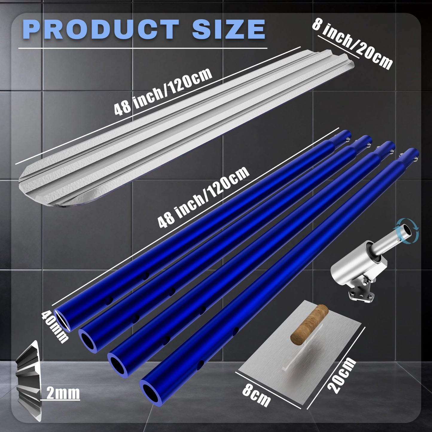 Bull Float Concrete Tools,48’’x8’’ Aluminum Magnesium Alloy Concrete Float with 4x48’’ Combinable Handles,Screeding Tool Kit,Concrete Bull Float Kit for Concrete Finishing(Blue)