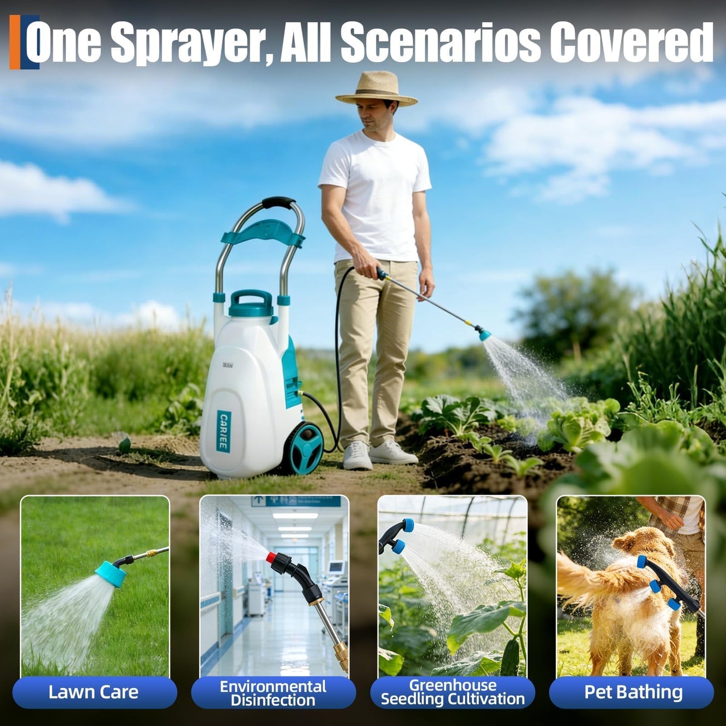 Garvee 5.3 Gallons Battery Powered Sprayer with Wheeled Cart, 12V 8Ah Electric Sprayer with 6 Nozzles & 2 Wands, 4-6 Hour Runtime, 90PSI Adjustable Pressure, Trigger Lock, Yard Sprayers for Lawn and g
