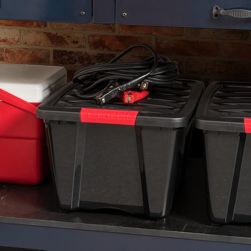 IRIS USA Plastic Storage Box - 30 L (32 QT) BPA-Free Containers with Lid & Latches - Black, 4 Pack