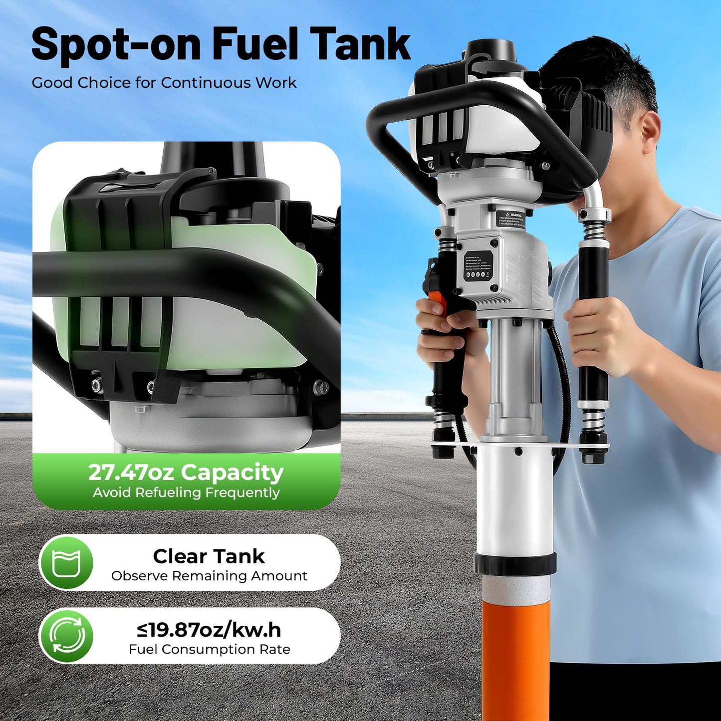 37.7cc CC 4-Stroke Gas Powered T Post Driver, 1.2KW Portable Fence Post Driver w/Air-Cooled System, 8500RPM Petrol Pile Driver Hammer w/ 2 Pile Heads(45mm 55mm) for A Series of Pile-driving Projects