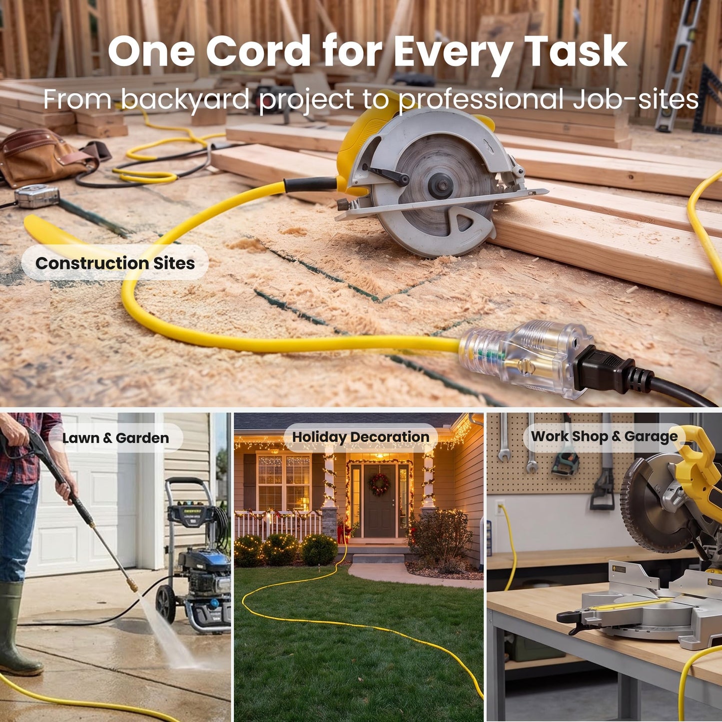 GEARit 100 ft Outdoor Extension Cord 10/3 Gauge SJTW 10 AWG, 3-Prong Heavy Duty Power Cable with Lighted End, 15A 125V 1875W, Waterproof Cord for Tools, Lawn & Garden, Yellow