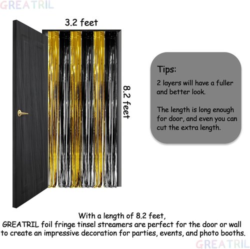 GREATRIL Black and Gold Party Streamers - Foil Fringe Backdrop for NYE, Anniversaries & Birthdays - 3.2ft X 8.2ft - 2 Packs