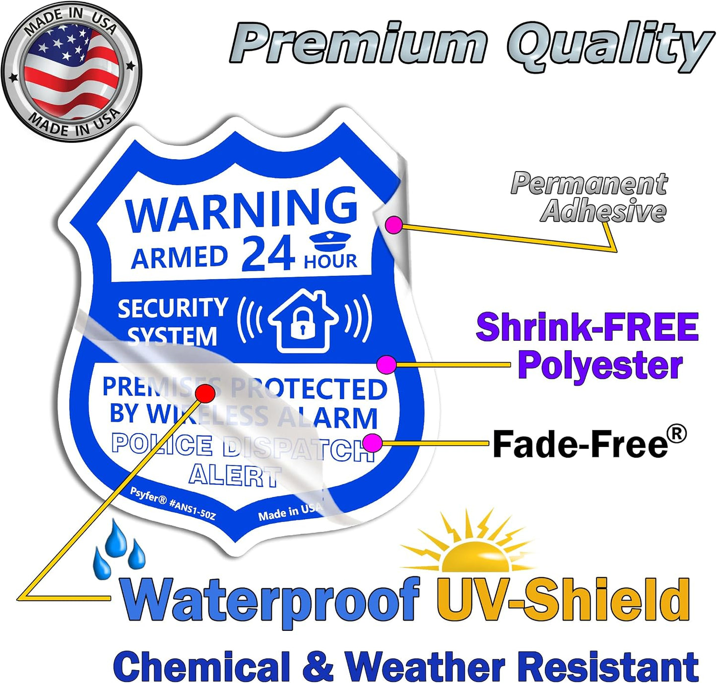 12 Pack Psyfer (Fade-Free) - Security & Alarm UV Stickers [Made in USA]