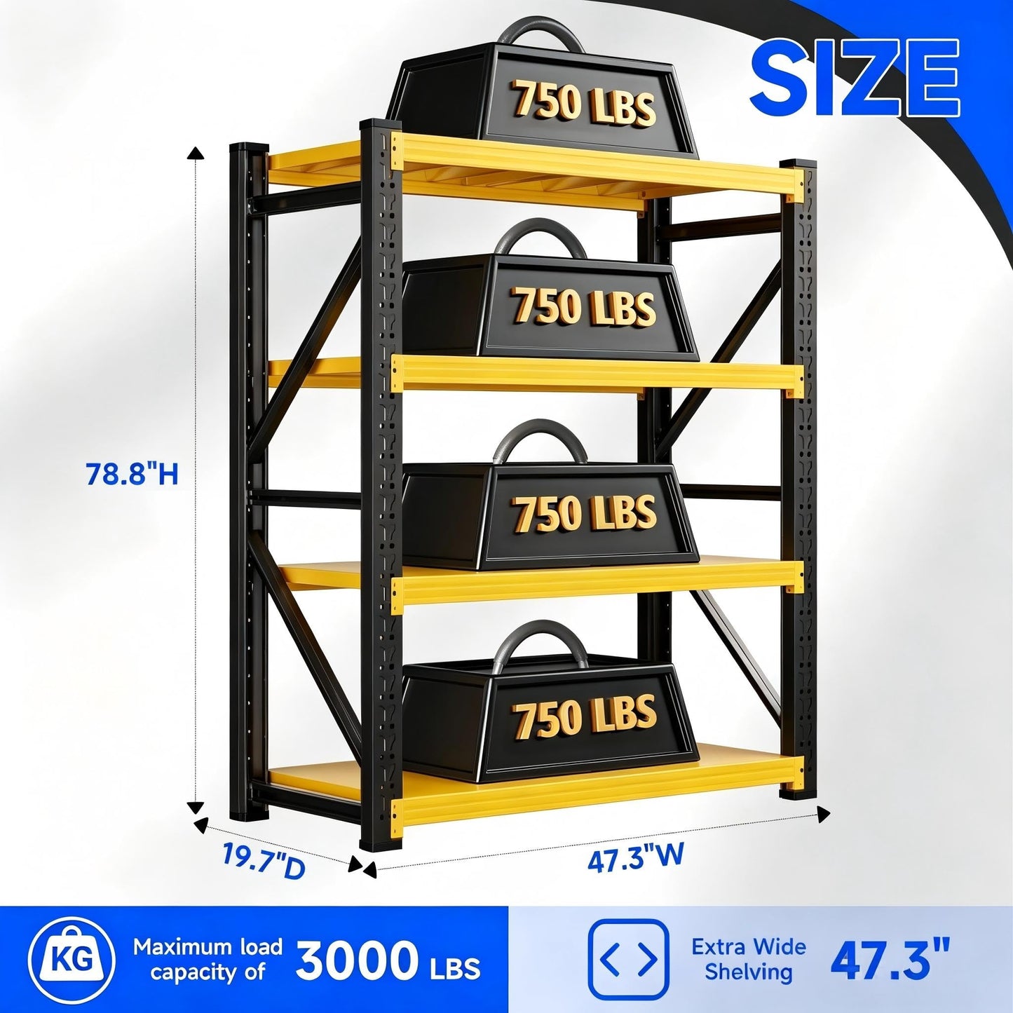 Kobito 48" W Garage Storage Shelves, 3000LBS Garage Shelving Heavy Duty Adjustable Shelving Unit, 4 Tier Metal Utitly Shelves Industrial Shelving for Warehouses,Basement,Black Yellow
