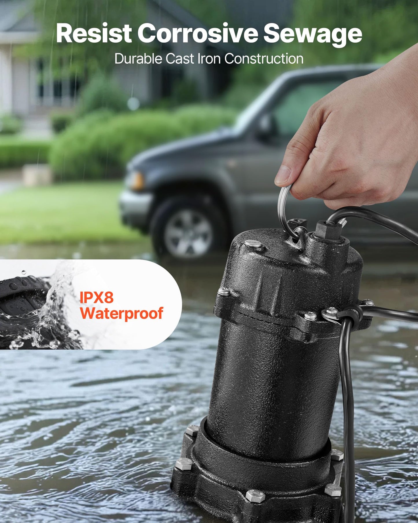 VEVOR Submersible Sewage Pump, 1 HP, 5200 GPH Cast Iron Sewage/Effluent Pump with Automatic Tethered Float Switch, 2-Inch NPT Discharge, 120V, 25 ft Max Lift, for Basement, Septic Tank, Residential