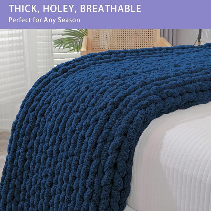 Bigacogo Chunky Knit Throw Blanket for Couch, 40x60 inches, 100% Hand Knitted with Thick Jumbo Chenille Yarn, Cozy Soft Large Rope Knot Cable Crochet Blankets for Sofa Bed Living Room, Navy Blue