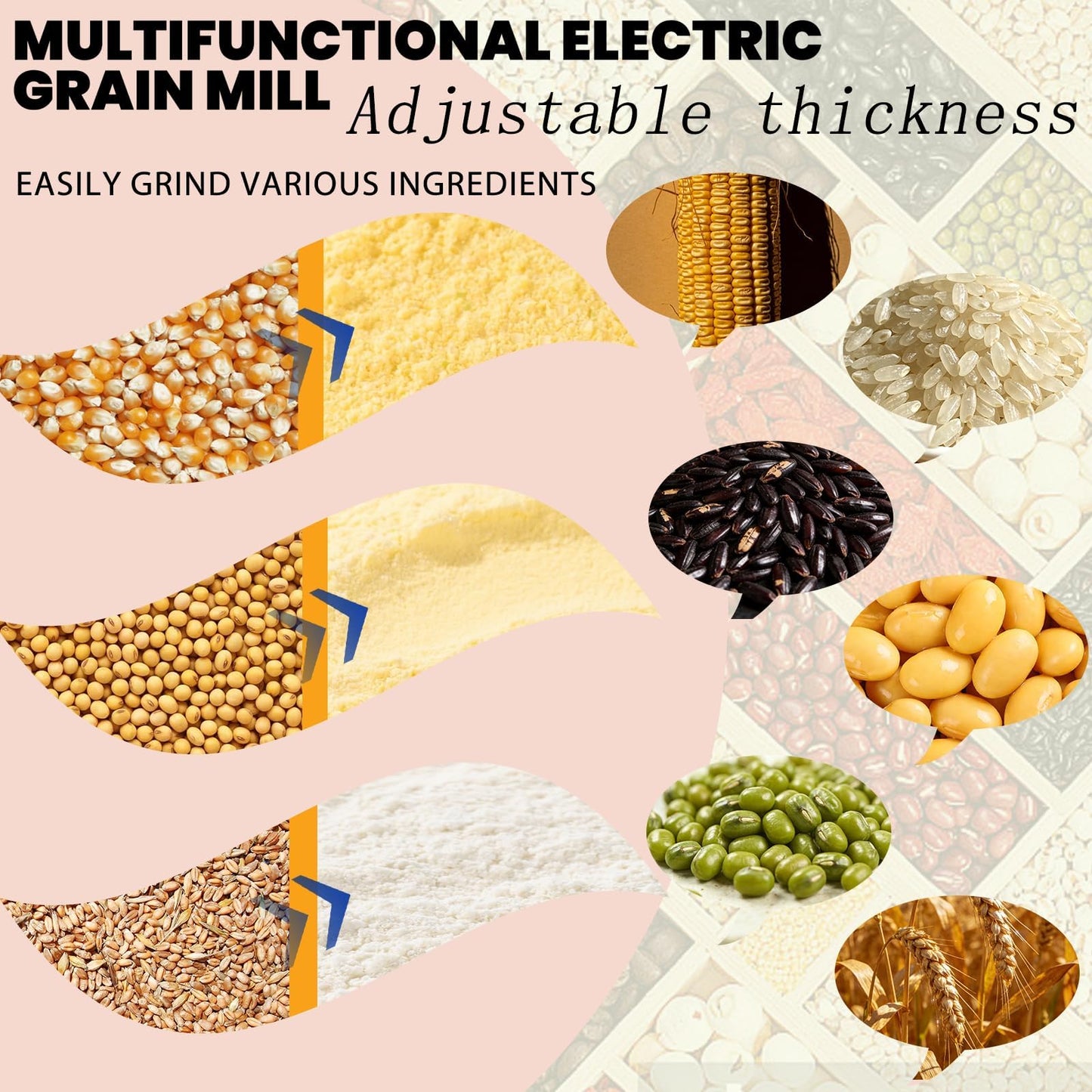 Vohala 3000W Grain Mill Grinder, Commercial Dry Wet Cereals Milling Machine with Cooling Ventilation Hood, Adjustable Thickness Stainless Steel Hopper, for Feed Flour Rice Grinding