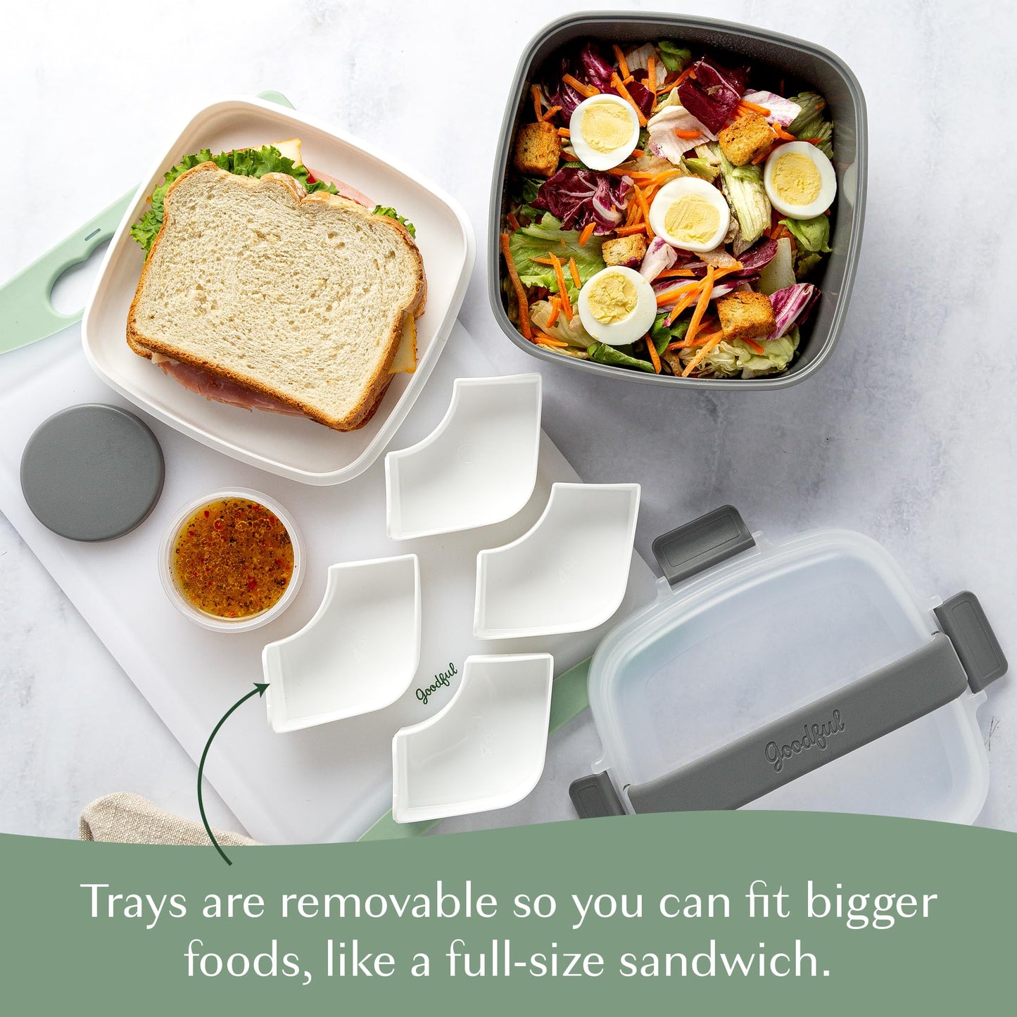 Goodful Stackable Lunch Box Container, Bento Style Food Storage with Removeable Compartments for Sandwich, Snacks, Toppings & Dressing, Leak-Proof and Made without BPA, 56-Ounce, Gray