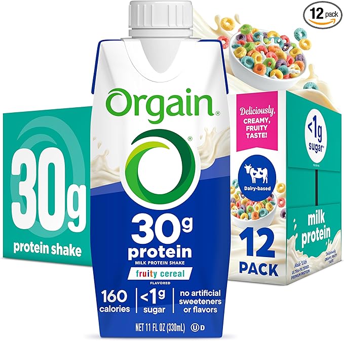 Orgain 30g High Protein Shake, Dairy Isolate Milk Protein, Fruity Cereal, 5g BCAAs, <1g Sugar Per Serving, Meal Replacement, Ready to Drink, Keto Friendly, Gluten-Free 11 Fl Oz (Pack of 12)