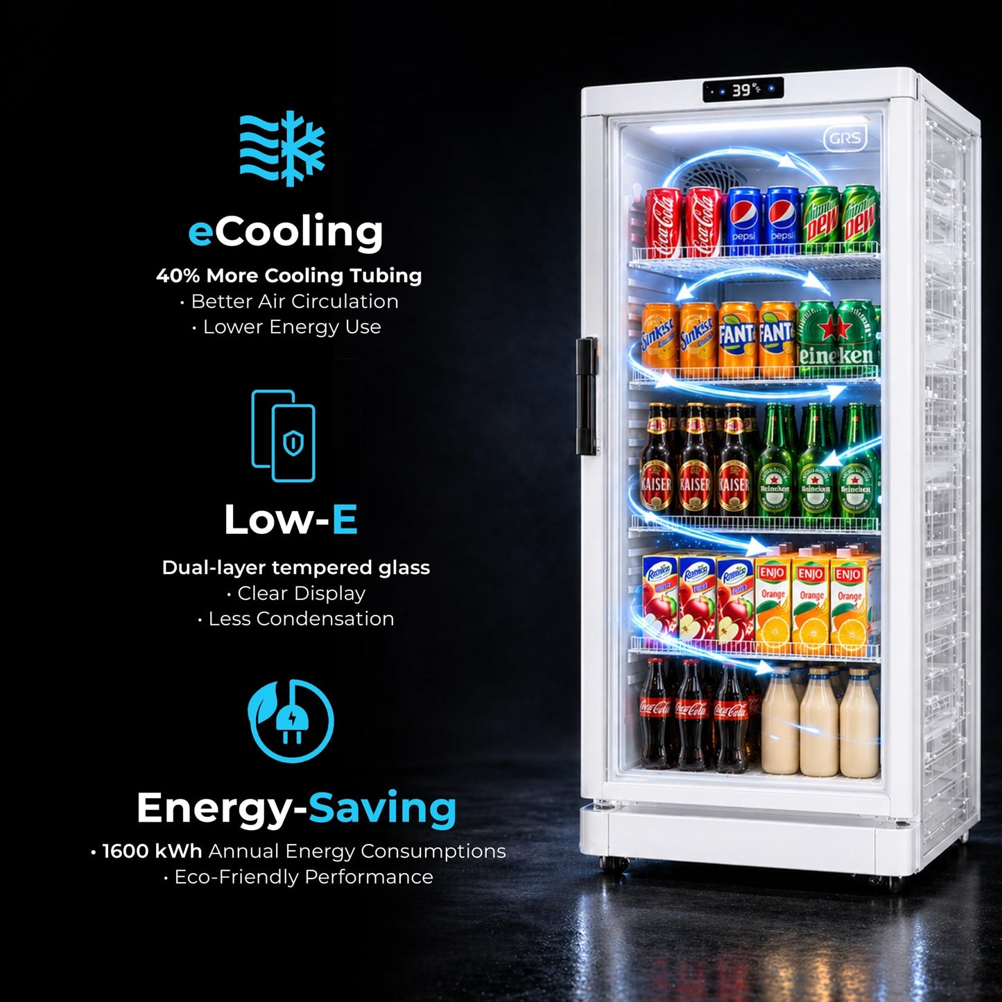 GRS Commercial Display Refrigerator with Glass Door Lock | Cool Air Flow & Temperature | Beverage fridge, Drink and Wine Cooler with Adjustable Display Shelf for Stores and Bars | Silver, 7.1 Cu. Ft