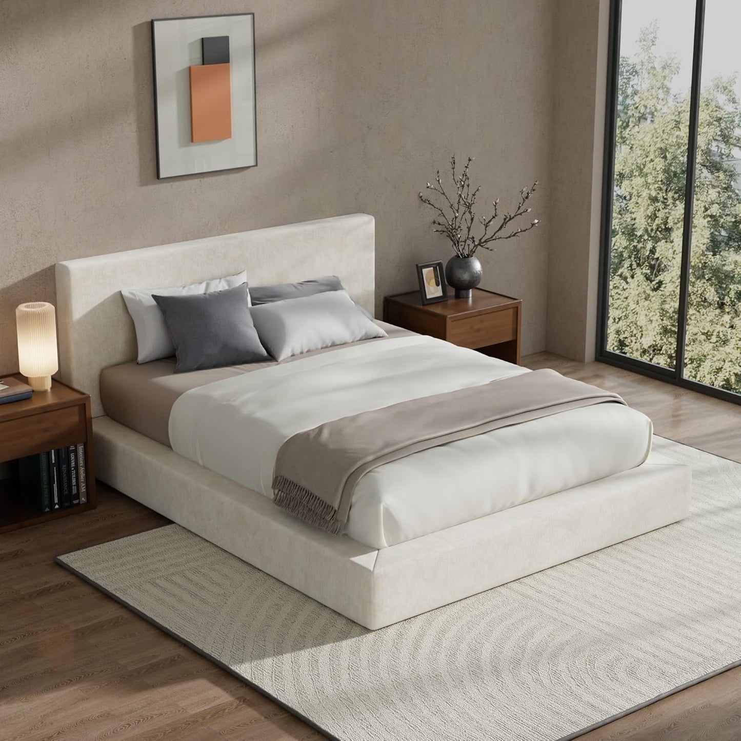 Recci AirFrame Queen Bed Frame - Cloud Upholstered Platform with Cushioned Headboard | Easy Assembly, Beige Chenille