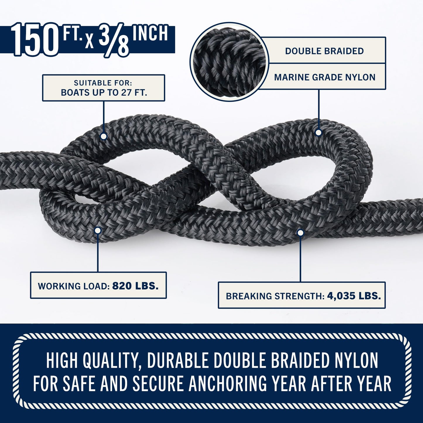 RainierSupplyCo Boat Anchor Rope - Double Braided Marine Rope Anchor Line - 150 ft x 3/8 Inch Nylon Boating Line with 316 Stainless Steel Thimble and Heavy Duty Marine Grade Bow Shackle - Black