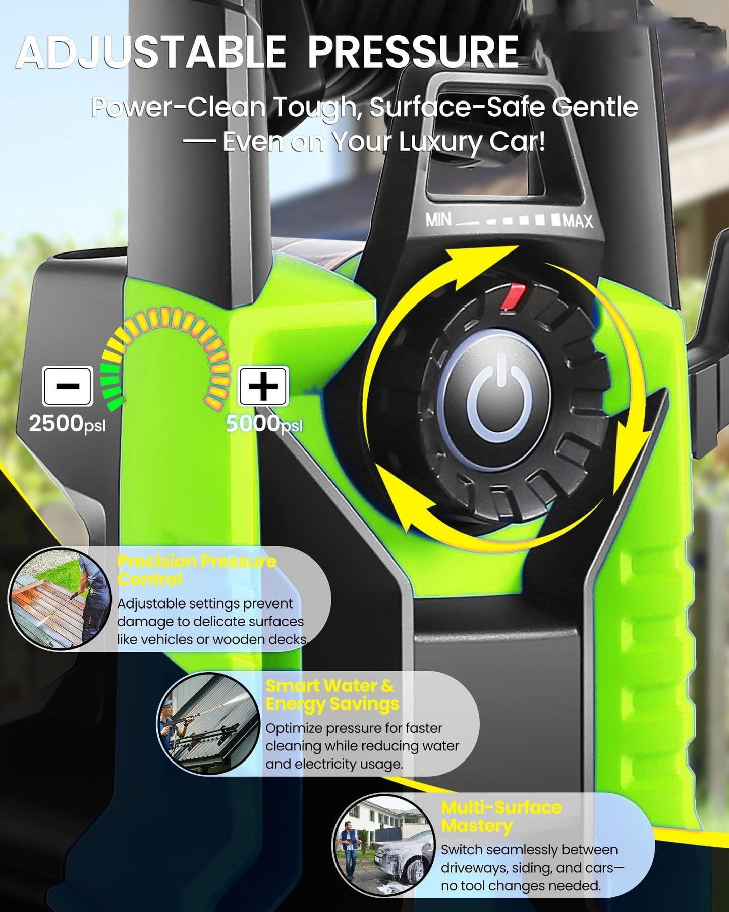 Electric Pressure Washer,5000 PSI 3.9GPM Adjustable Pressure,Power Washer Electric Powered with Foam Cannon,4 Nozzle,33FT Hose and Soap Bottle for Home/Cars/Fences (Green)