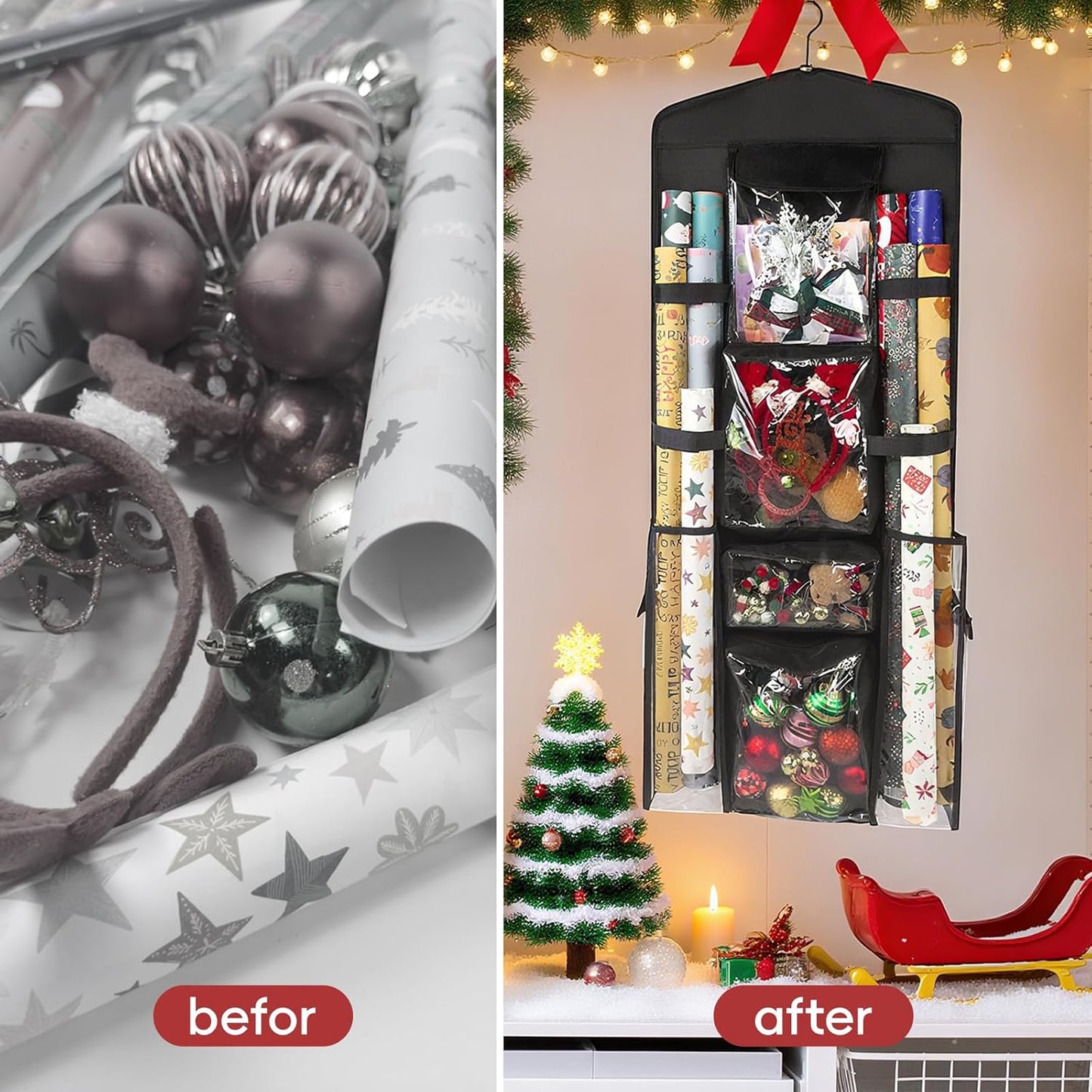 Wrapping Paper Organizer - Double-Sided Hanging Gift Wrap Storage with Pockets & Straps | Black