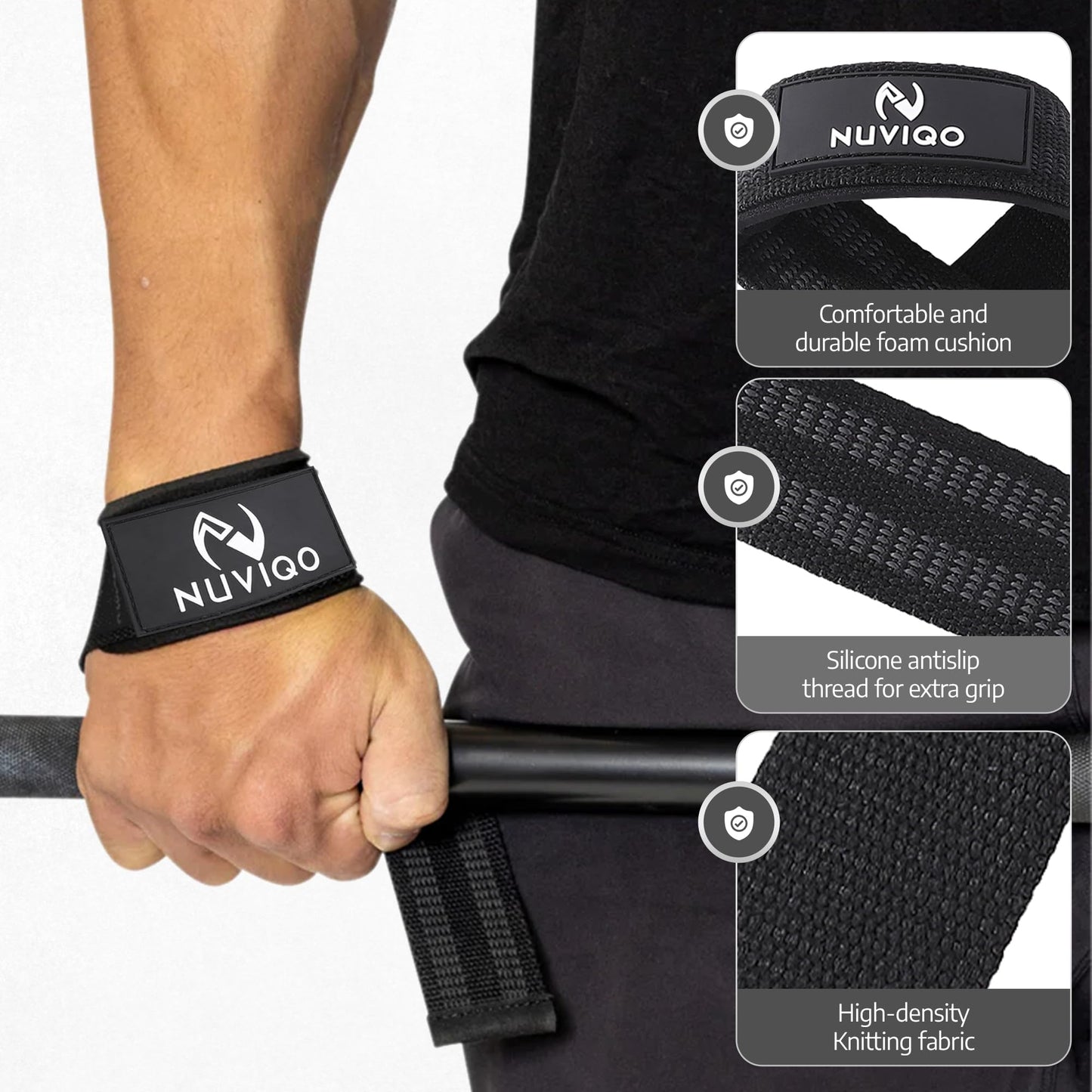 NUVIQO 9 Pcs Gym Accessories Set Featuring Barbell Pad with 2 Safety Straps - 2 Ankle Straps for Cable Machine - 2 Weight Lifting Straps - Hip Resistance Band - Carry Bag for Hip Thrust Pad