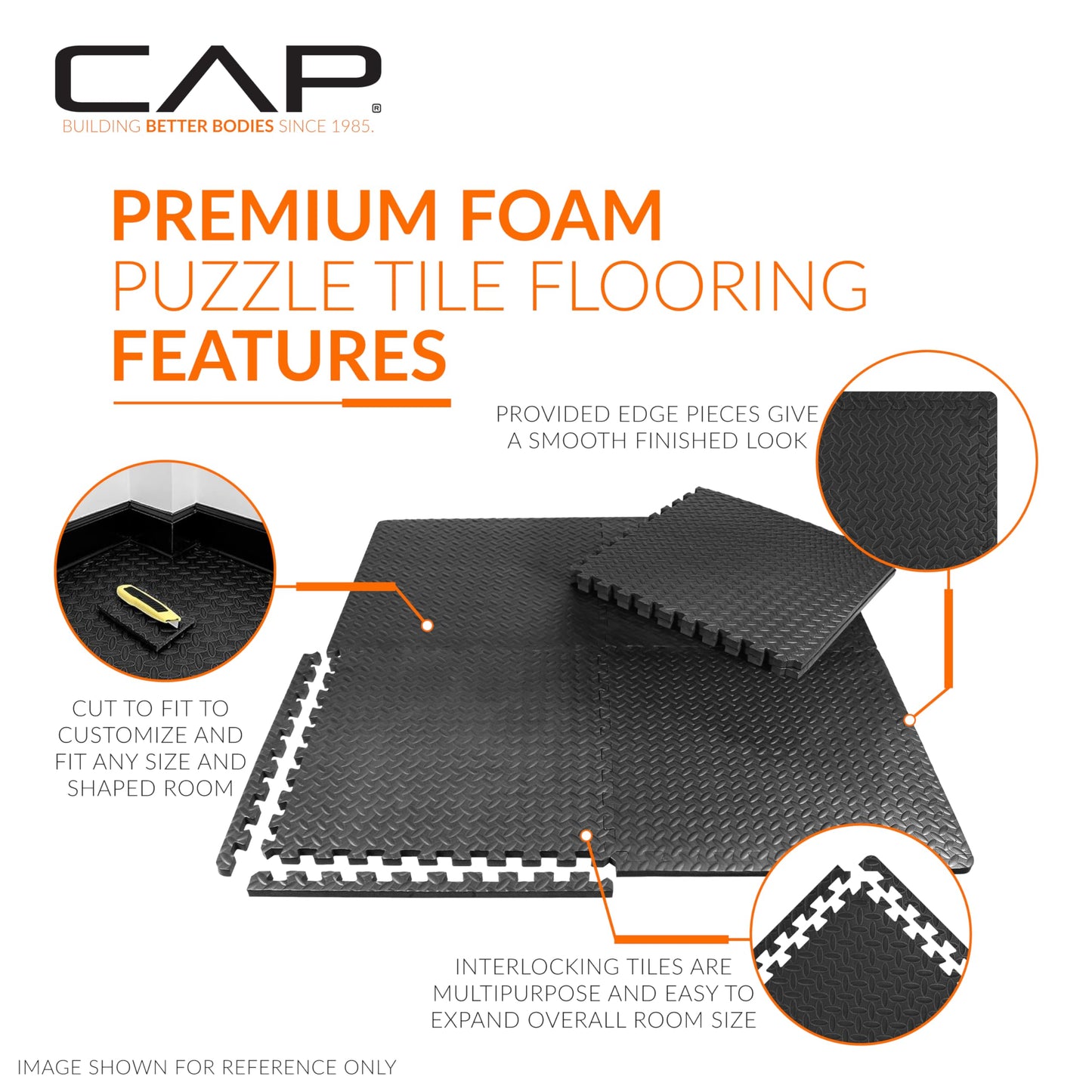 CAP Barbell 1/2-Inch Interlocking EVA Foam Exercise Puzzle Mat Home Gym Flooring - 1 Pack | 24" x 24" x 1/2" | Diamond Pattern - Black
